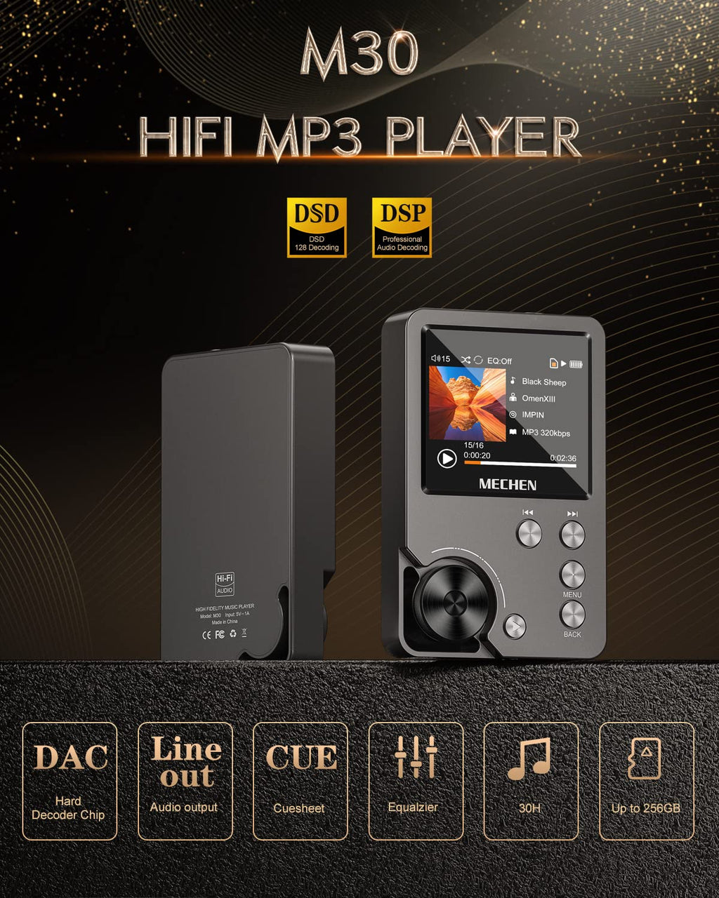 MECHEN M30 HiFi MP3 Player, Lossless DSD High Resolution Digital Audio Music Player, High-Res Portable Audio Player with 64GB Memory Card (Gold)
