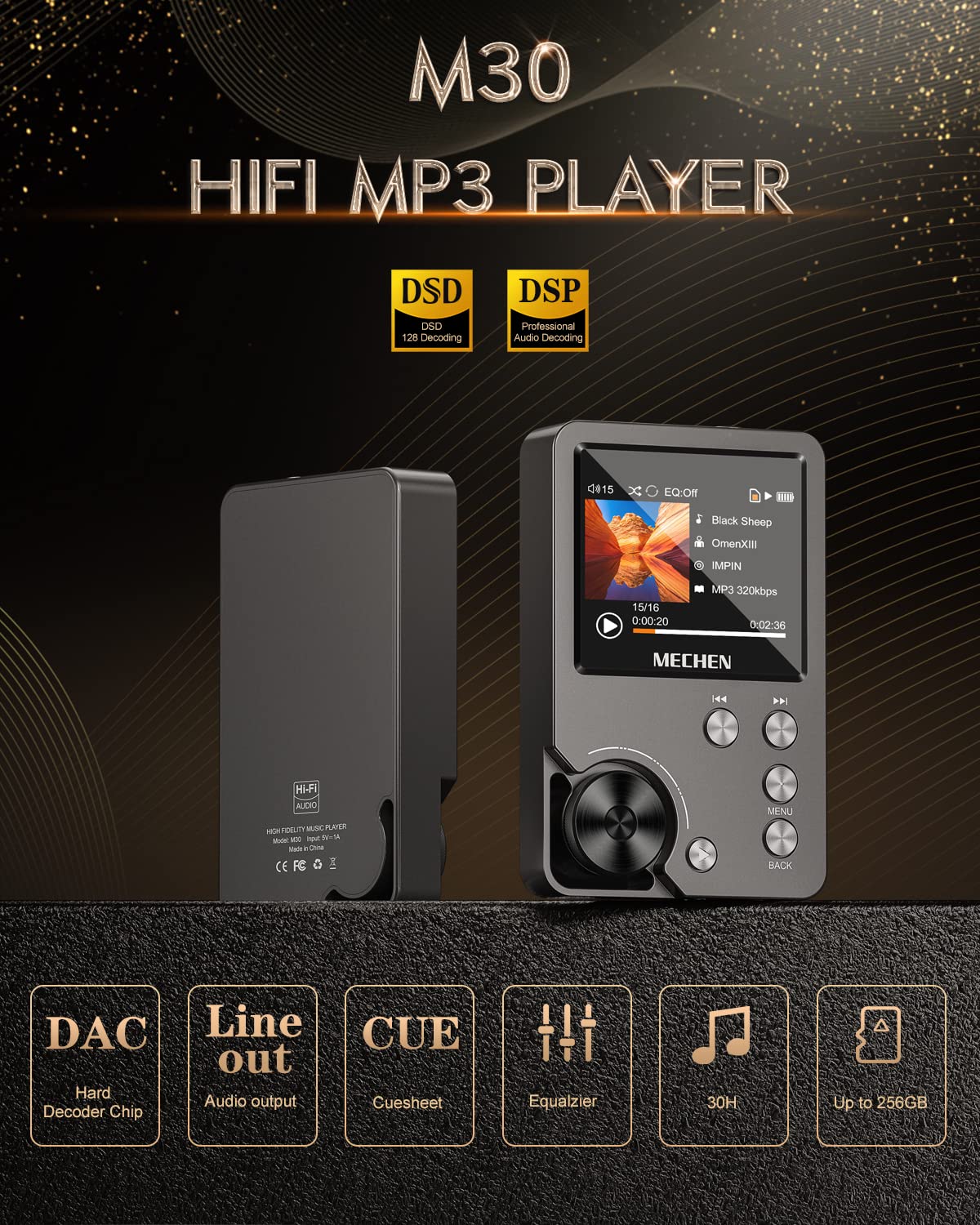 MECHEN M30 HiFi MP3 Player, Lossless DSD High Resolution Digital Audio Music Player, High-Res Portable Audio Player with 64GB Memory Card (Gold)