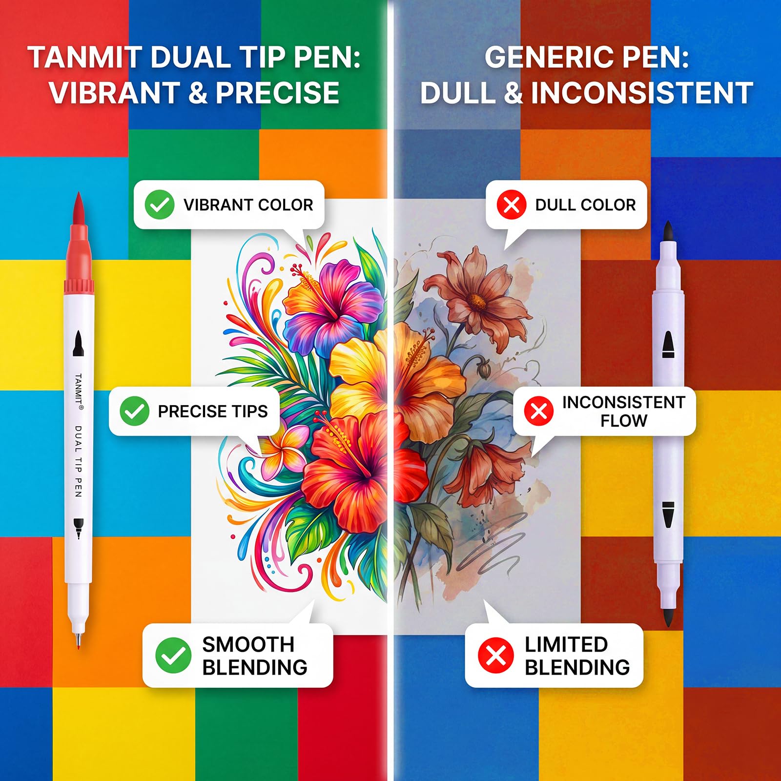 36 Dual-Tip Brush Pens for Adult Coloring Books – Tanmit Art Markers With Brush + Fine Precision Tips for Calligraphy, Planners, Journaling, Note Taking & More