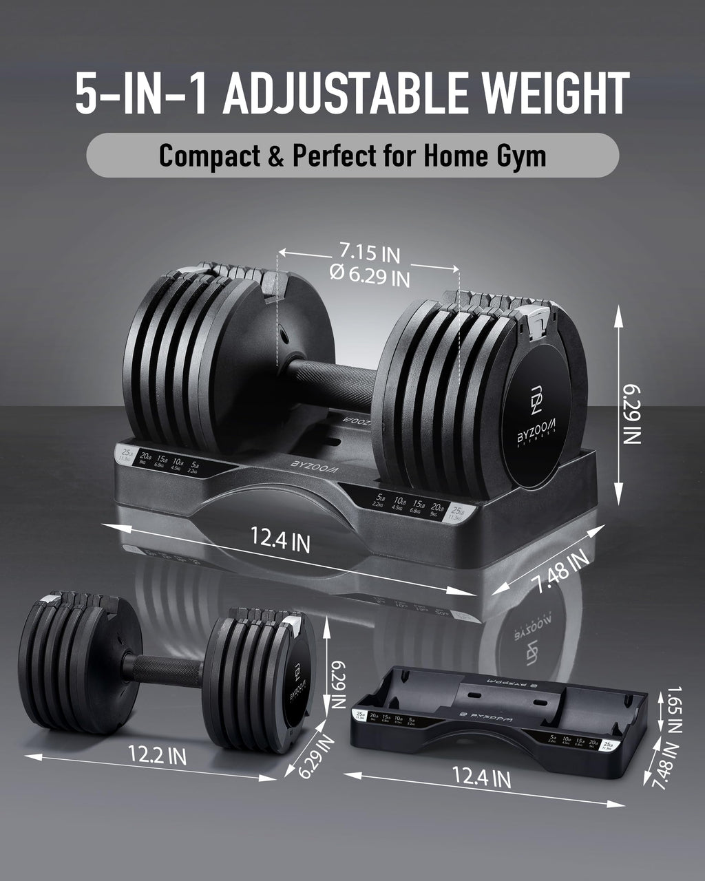 BYZOOM FITNESS Pure Series Adjustable Dumbbell - 12.5/25/27.5/50/55/75lb - ONE UNIT OR PAIR(check QTY before purchase) - 5-in-1/ 10-in-1 / 15-in-1 / 21-in-1 Flexible Hand Weights for Home Apartment Garage Gym, Strength Training & Fitness Workouts, White O