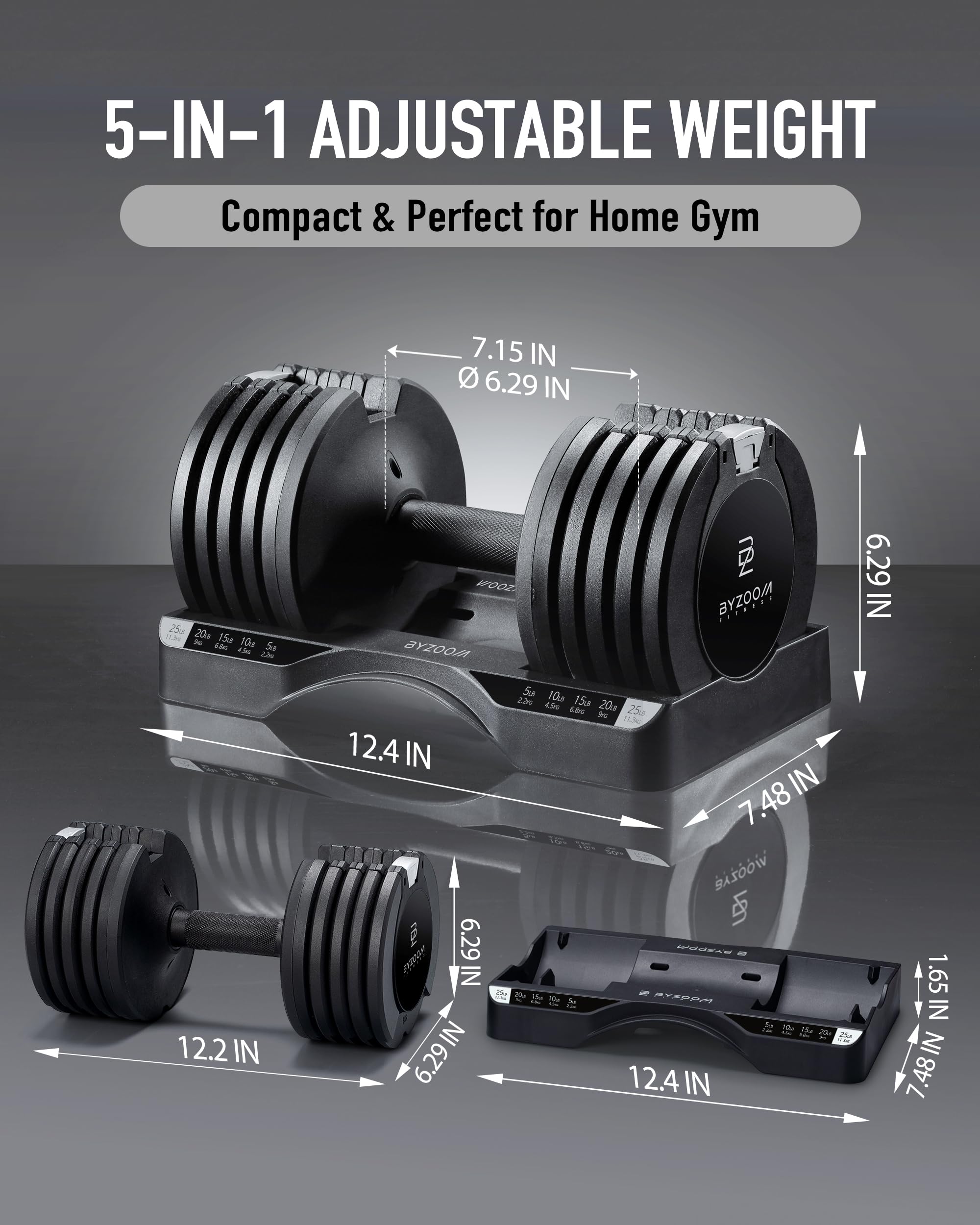 BYZOOM FITNESS Pure Series Adjustable Dumbbell - 12.5/25/27.5/50/55/75lb - ONE UNIT OR PAIR(check QTY before purchase) - 5-in-1/ 10-in-1 / 15-in-1 / 21-in-1 Flexible Hand Weights for Home Apartment Garage Gym, Strength Training & Fitness Workouts, White O