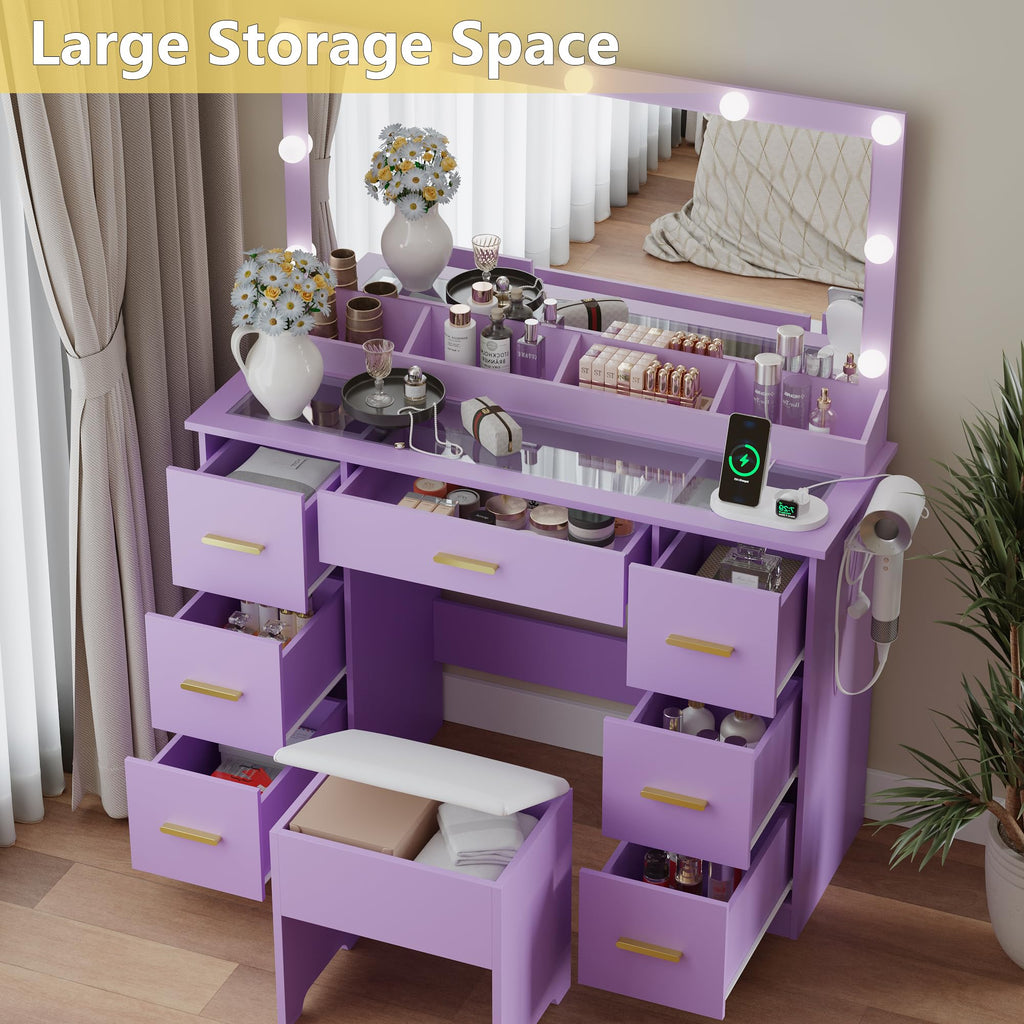 BORNOON 45” Fluted Makeup Vanity Desk with Mirror and Lights, Glass Top Dressing Table with 5 Drawers, LED Lighted Adjustable Cabinet, Trays & Charging Station for Bedroom Dressing Room