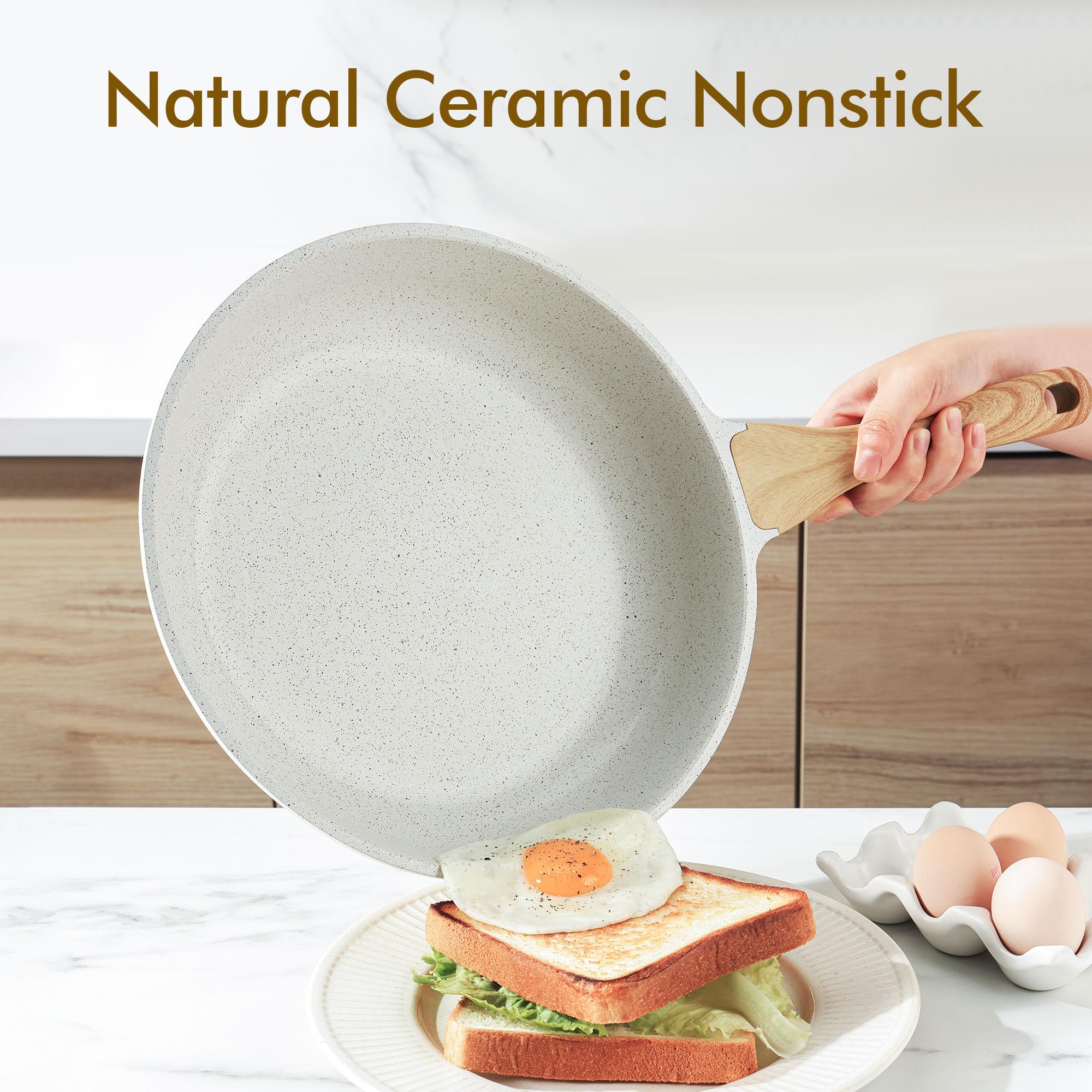SENSARTE Nonstick Ceramic Frying Pan 8-Inch, Healthy Non Toxic Skillet, Induction Compatible Omelet Pan with Heat Resistant Handle, PFAS-Free, Cream White