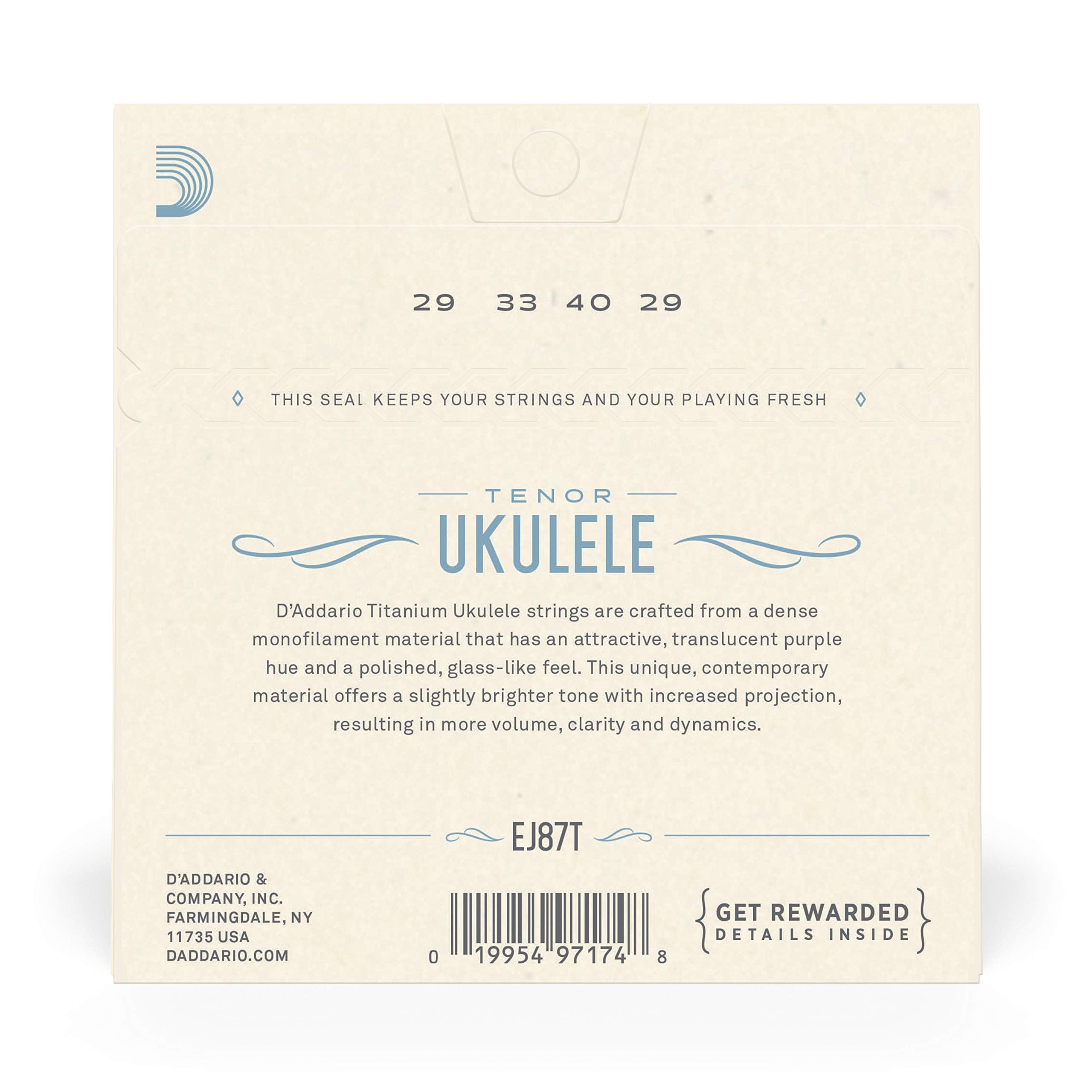 D'Addario Baritone Ukulele Strings, Fluorocarbon, EJ99B, 4-String Set, Pack of 1