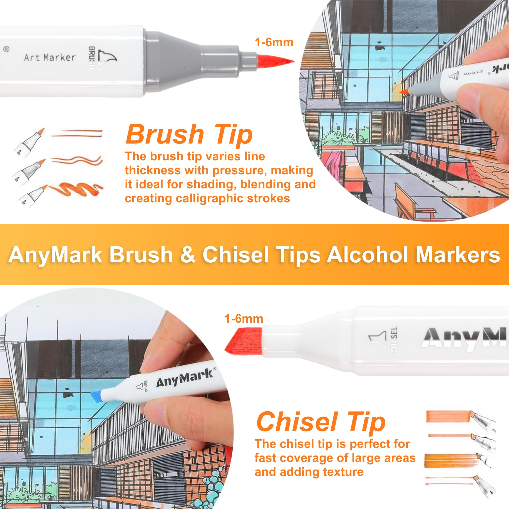 AnyMark Alcohol Markers Brush Tip, 60+1 Colors Dual Tip Brush & Chisel Alcohol-Based Art Markers Set with Case for Adult Artists Drawing Coloring