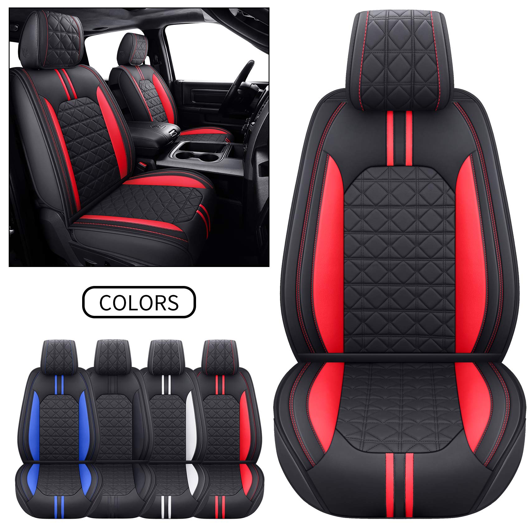 YIERTAI Dodge RAM Seat Covers Fit for 2009-2023 2024 2025 2026 1500/2500/3500HD Pickup Front Seats Only Crew Double Cab Quad Cab Waterproof Leather Seat Covers(2 PCS Front only/Black)