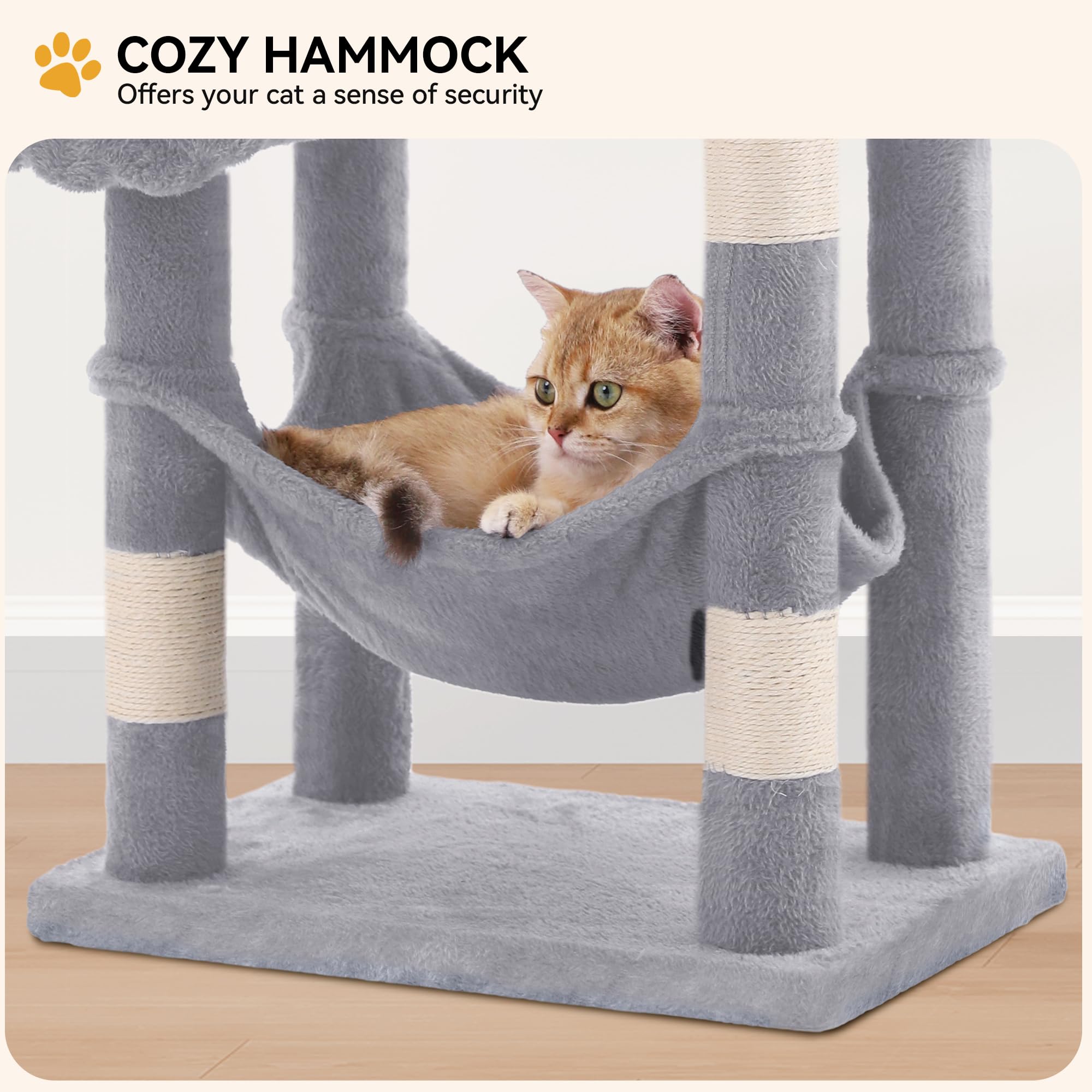 YITAHOME 44in Multi-Level Cat Tree for Indoor Kittens, Cat Furniture with Scratch Posts, Window Padded Plush Perch, Comfortable Hammock, and Interactive Pompoms, Beige