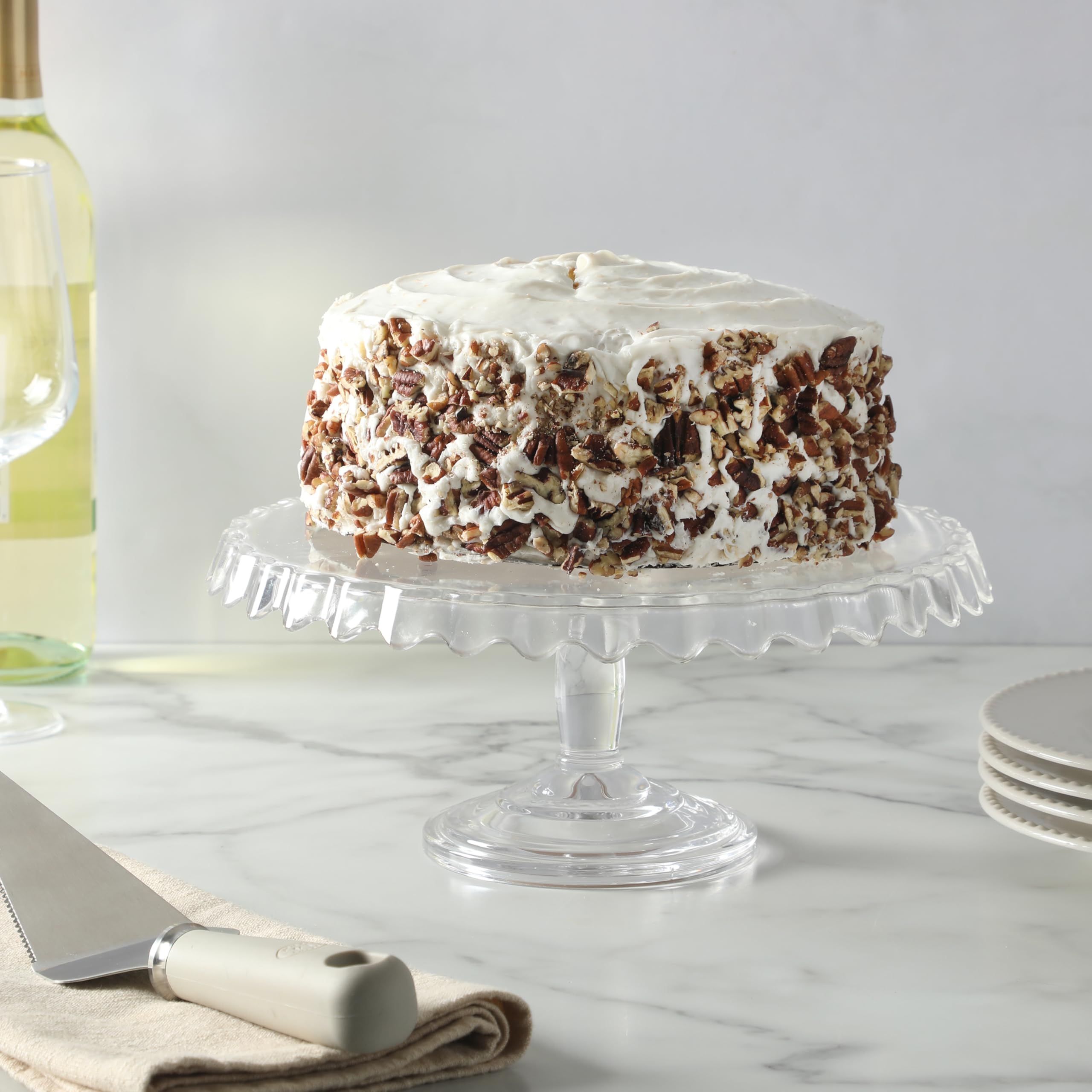Martha Stewart Watercrest Glass Cake Stand, 10.2 Inch Footed Pedestal Cake Plate with Scalloped Ruffled Edge, Clear Handmade Glassware for Weddings, Parties, and Dessert Display