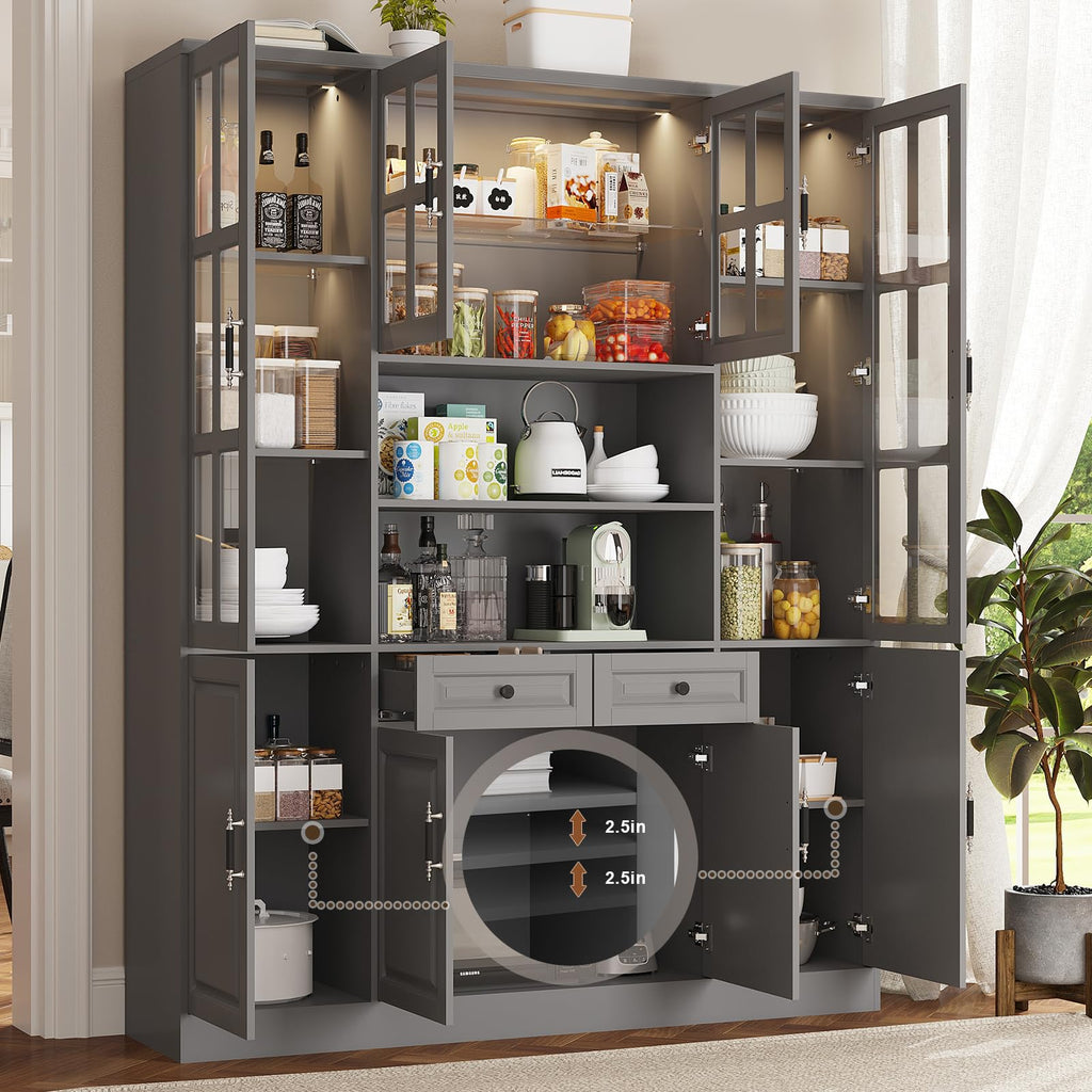 MEISSALIVVE Kitchen Pantry Storage Cabinet with LED Lights, 78.7" Tall with Glass Doors & Drawers, Freestanding Utility Cabinet, Black (31.5" W x 15.7" D)