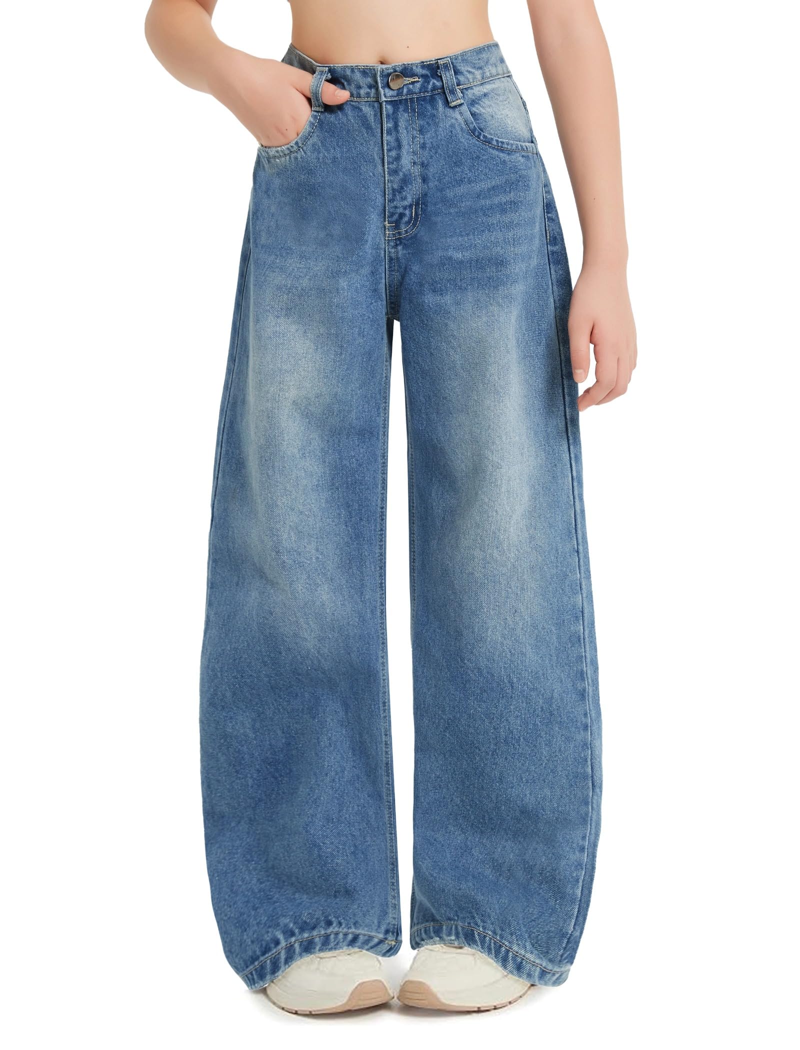 EXARUS Girls Jeans Baggy Wide Leg Cute Teen Tween Long Denim Pants Clothes Tall Junior Elastic Band Pockets