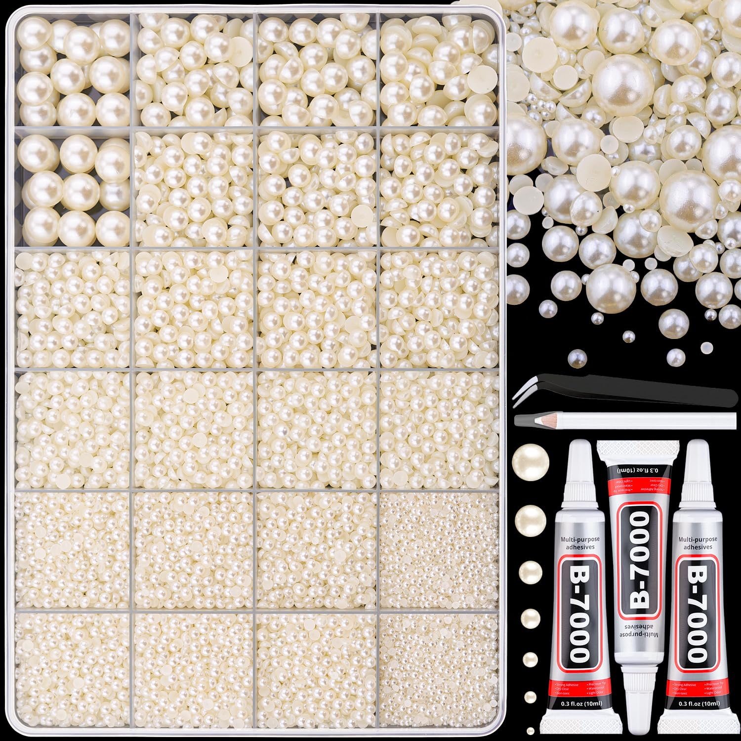 BELLEBOOST 5600pcs ABS Round Flat Back Beige Pearls Kit with Pickup Tools for Nail Art, Face, Body Decorations