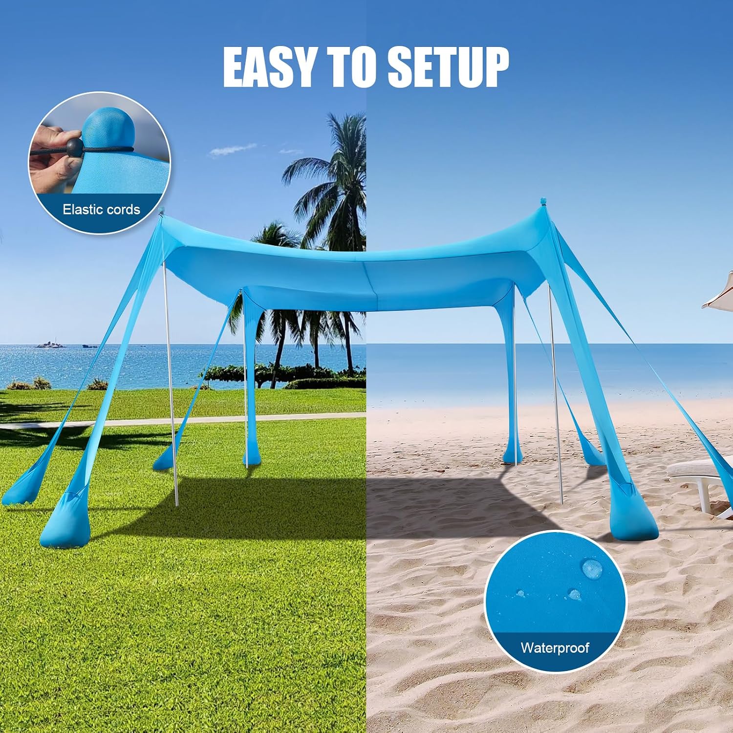 Beach Tent Sun Shelter, Beach Shade Canopy UPF50+, 10x10ft Canopy Tent with 8 Sandbags, Sand Shovels, Ground Pegs & Stability Poles, Pop Up Shade Tents for Beach, Camping, Fishing