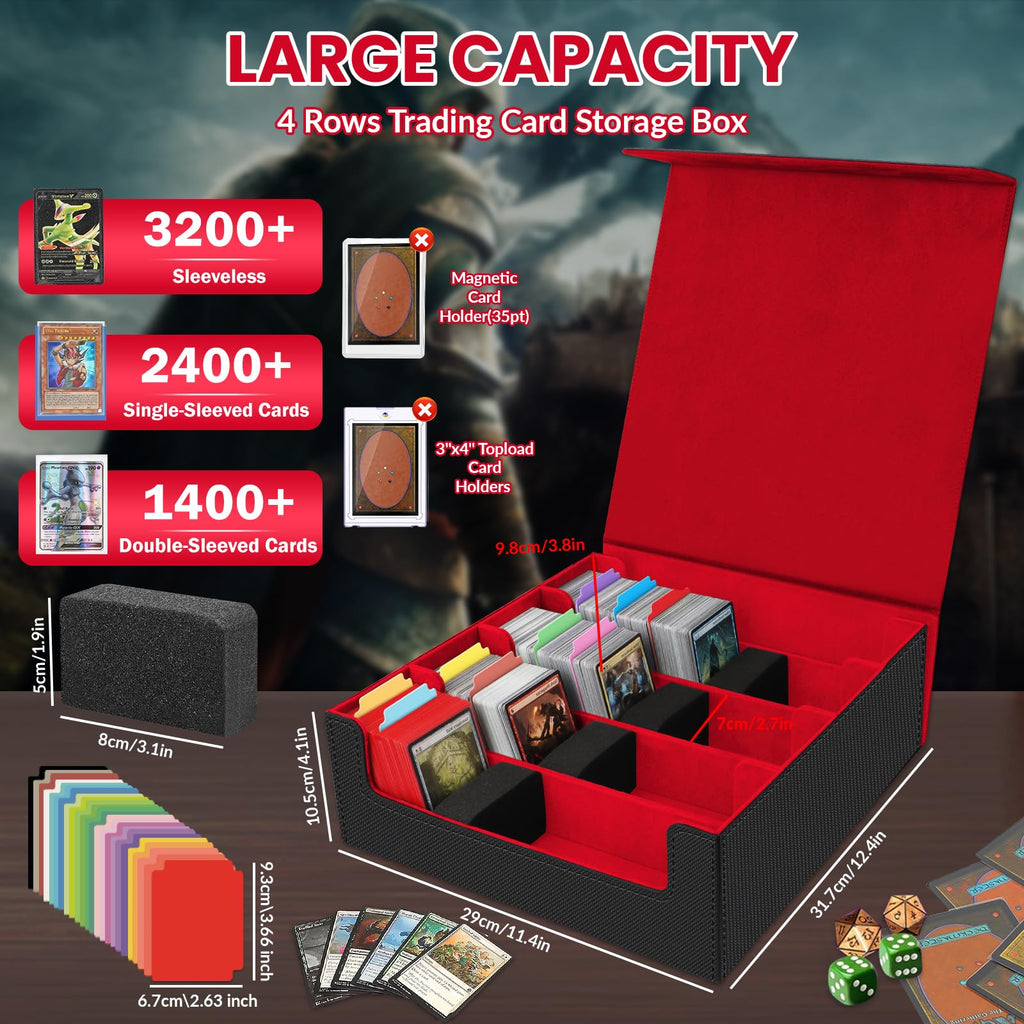 AOBOPLE Trading Card Storage Box,3200+ Card Box Storage with 24 Dividers and 4 Foam Supporters PU Leather Magnetic Cards Deck Case for MTG TCG Magic and Sport Cards,Great Gift for Card Collectors