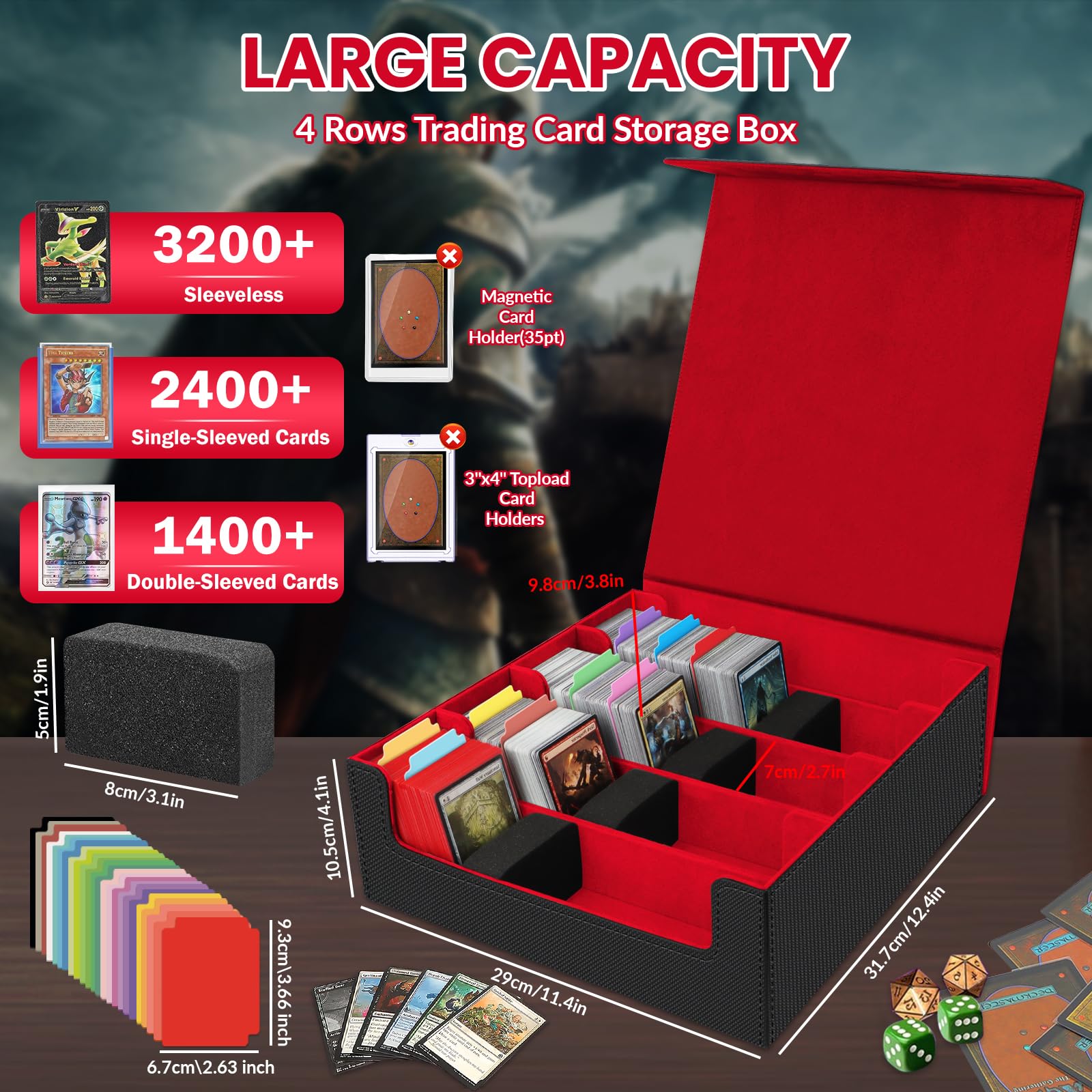 AOBOPLE Trading Card Storage Box,3200+ Card Box Storage with 24 Dividers and 4 Foam Supporters PU Leather Magnetic Cards Deck Case for MTG TCG Magic and Sport Cards,Great Gift for Card Collectors