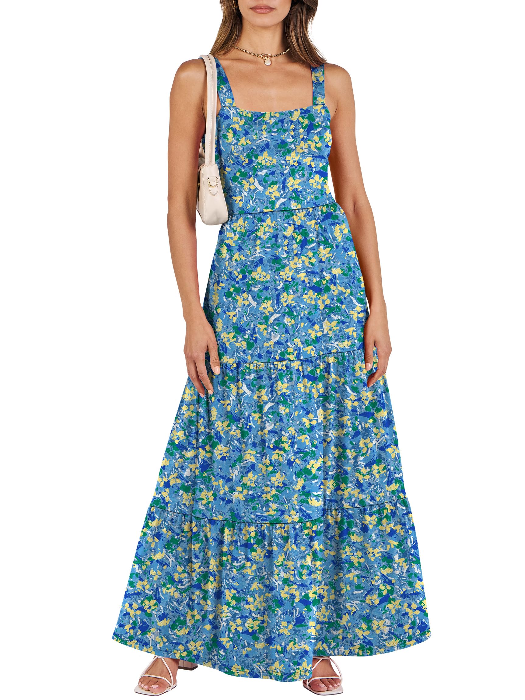 ANRABESS Women's Summer Casual Long Maxi Beach Vacation Dresses Sleeveless Square Neck Flowy Tiered Sun Dress with Pockets