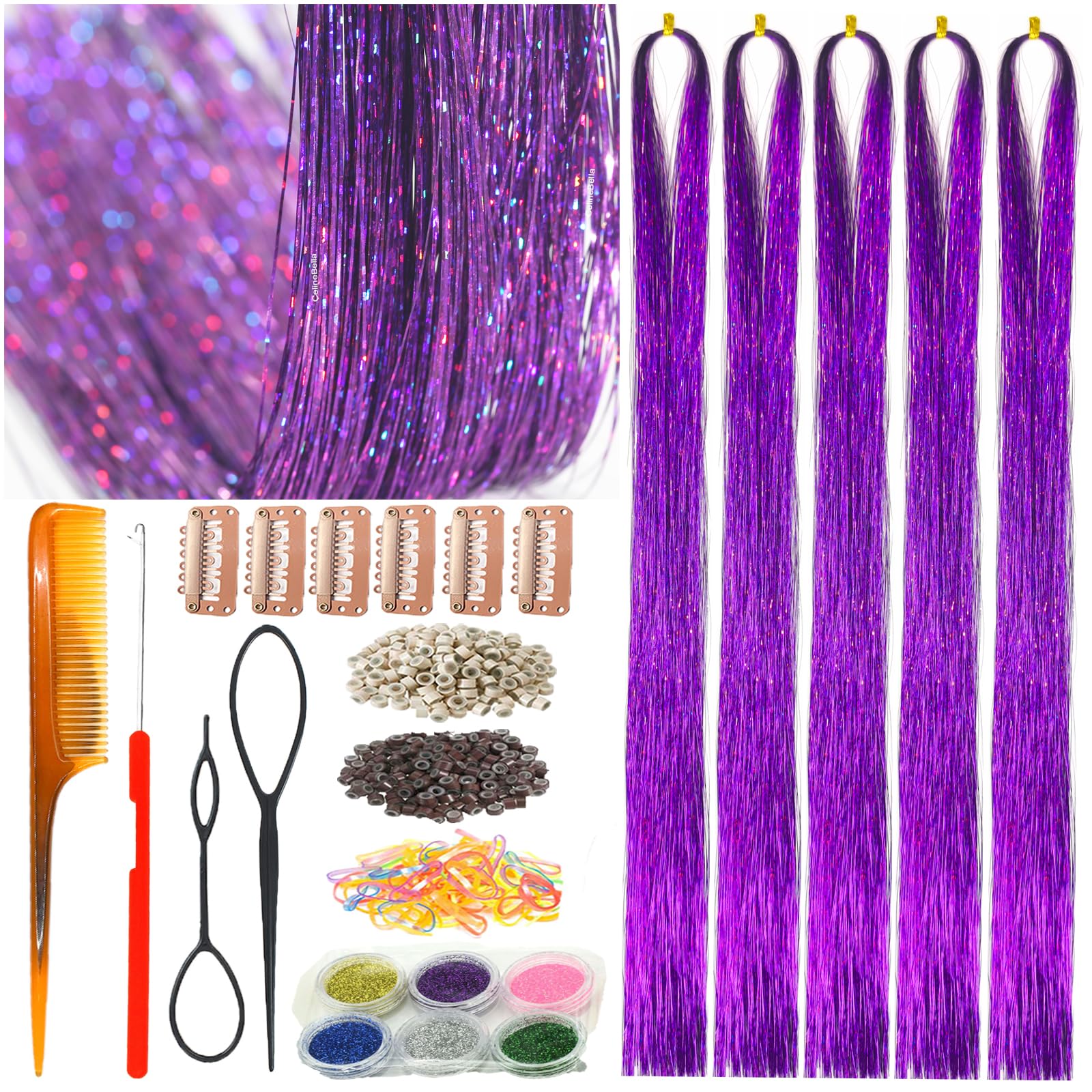 Celinebella Bubblegum Pink Hair Tinsel, 48" 1250 Strands Bright Shimmer | Vibrant hot pink bubblegum tone, youthful energetic, heat resistant, great for prom concerts birthday parties events