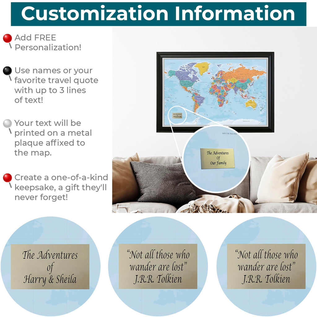 Personalized Canvas Rolled Poster World Map Wall Art with Pins – Large 24" x 36" Blue Oceans Map of the World – Push Pin Travel Decor for Home or Office