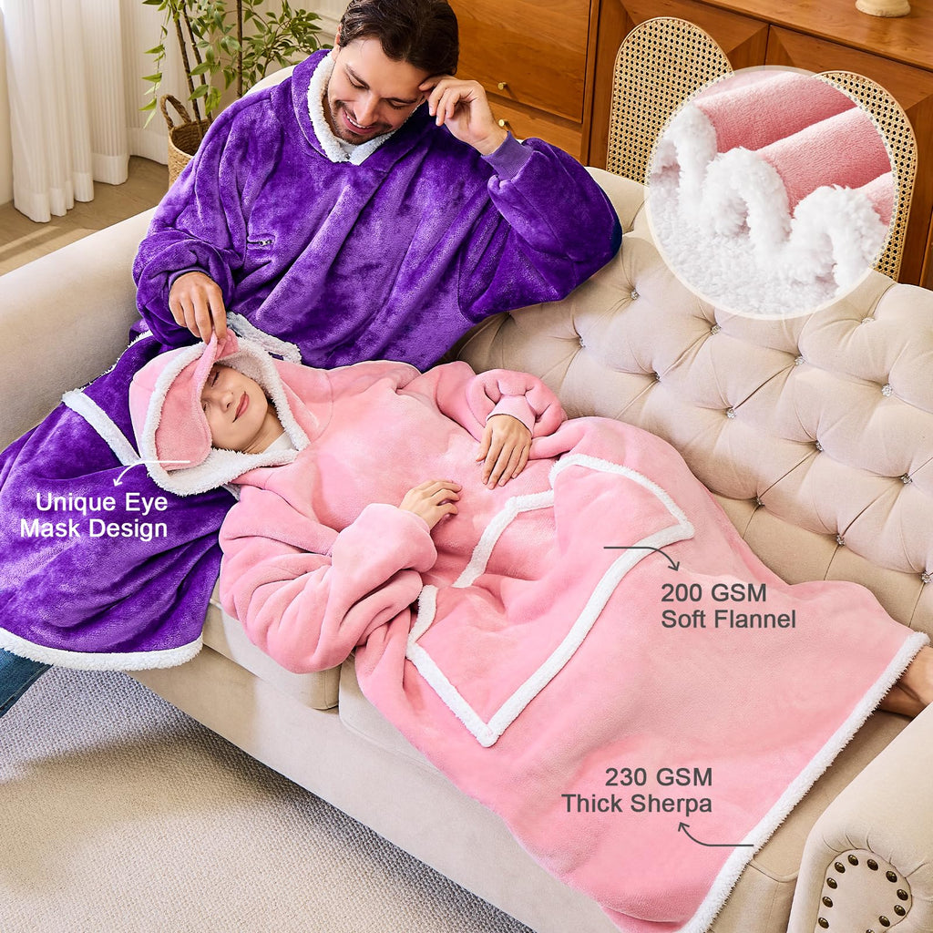 IFNOW Wearable Blanket Hoodie, Oversized Sherpa Fleece Hooded Sweatshirt with Eye Mask, Cozy and Giant Blanket Hoodie with Sleeves Extra Long for Adults Men Women, Black
