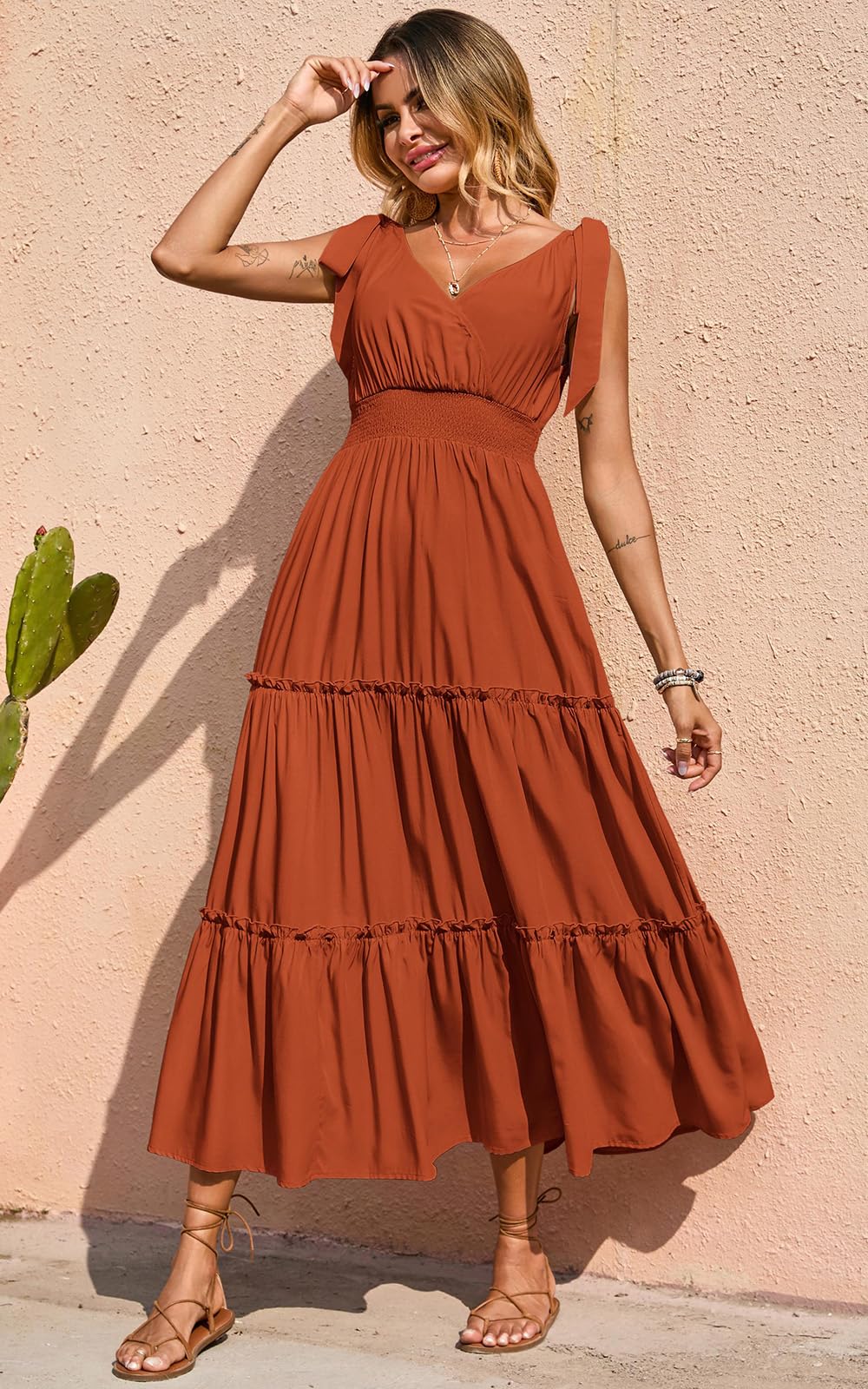 PRETTYGARDEN Women's Cross Neck Summer Sleeveless Tiered Maxi Dress Beach Tie Strap Smocked Long Dresses Pleated Sundress