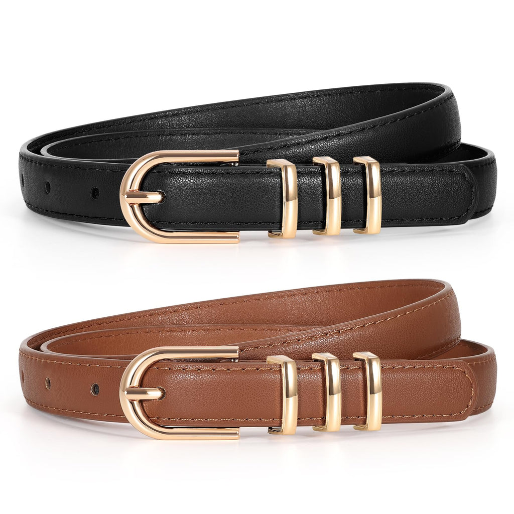 TRIWORKS 2 Pack Women Skinny Leather Belts for Jeans Pants Thin Faux Leather Belt with Gold Buckle