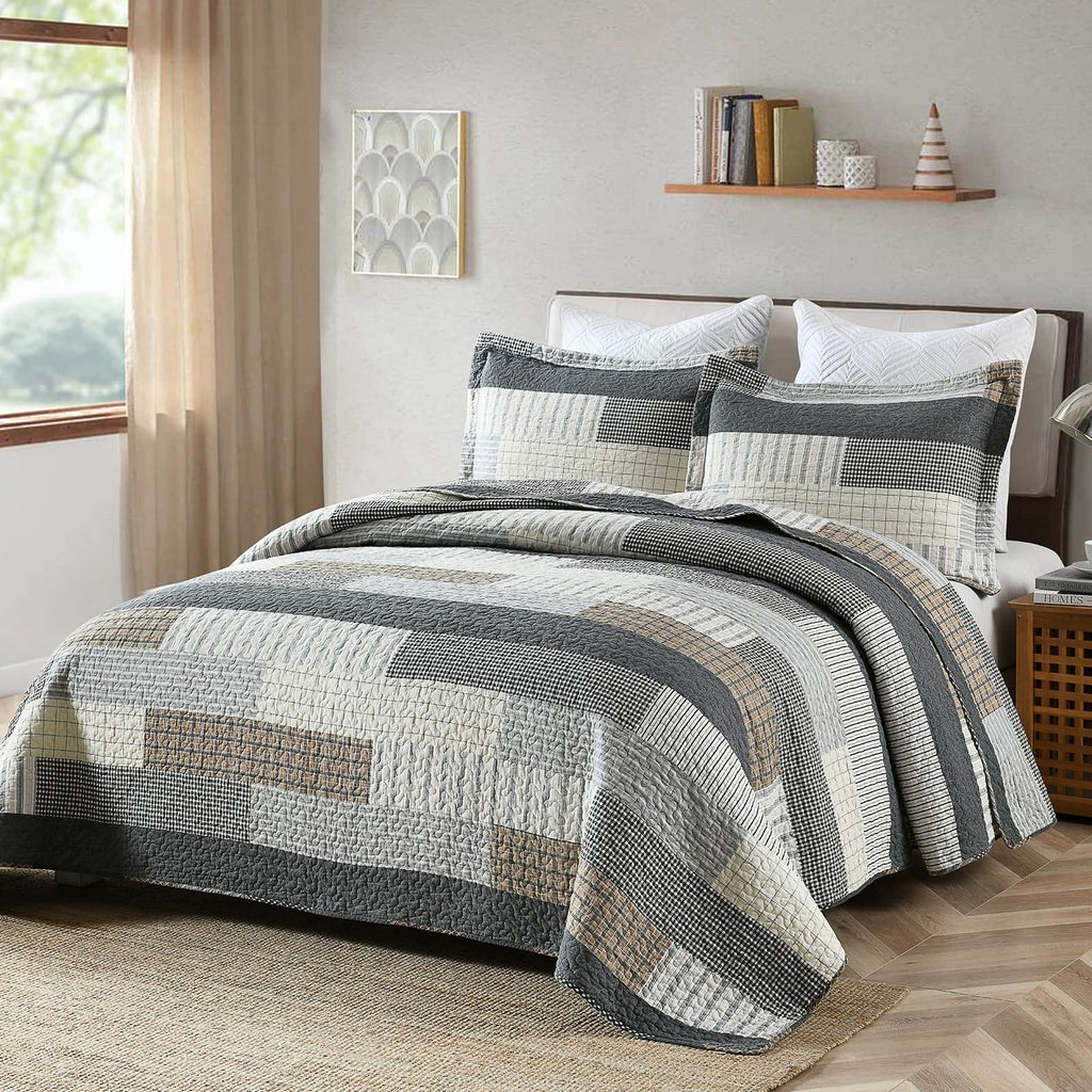 Y-PLWOMEN 100% Cotton Farmhouse Plaid Lightweight 3-Pieces Quilt Set (Blue Brown, Queen90 * 98 Inch)