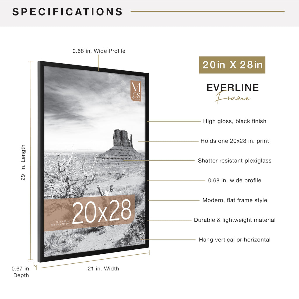 MCS Everline Collection 14x20 Matted Poster Frame with 11x17 Picture Display, Black Vertical & Horizontal Wall Hanging Large Frame for Photos, Posters & Art Prints (1-Pack)