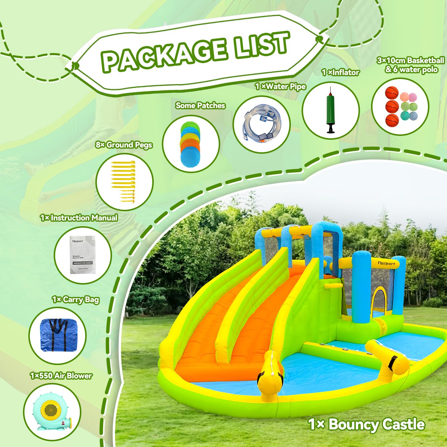 FBSPORT Inflatable Bounce House Double Slide,Water Slide Park Bounce House with Ball Pit,Water Cannon, Climbing Wall, Kids Bouncy Castle with 550W Air Blower for Backyard, Outdoor, Indoor