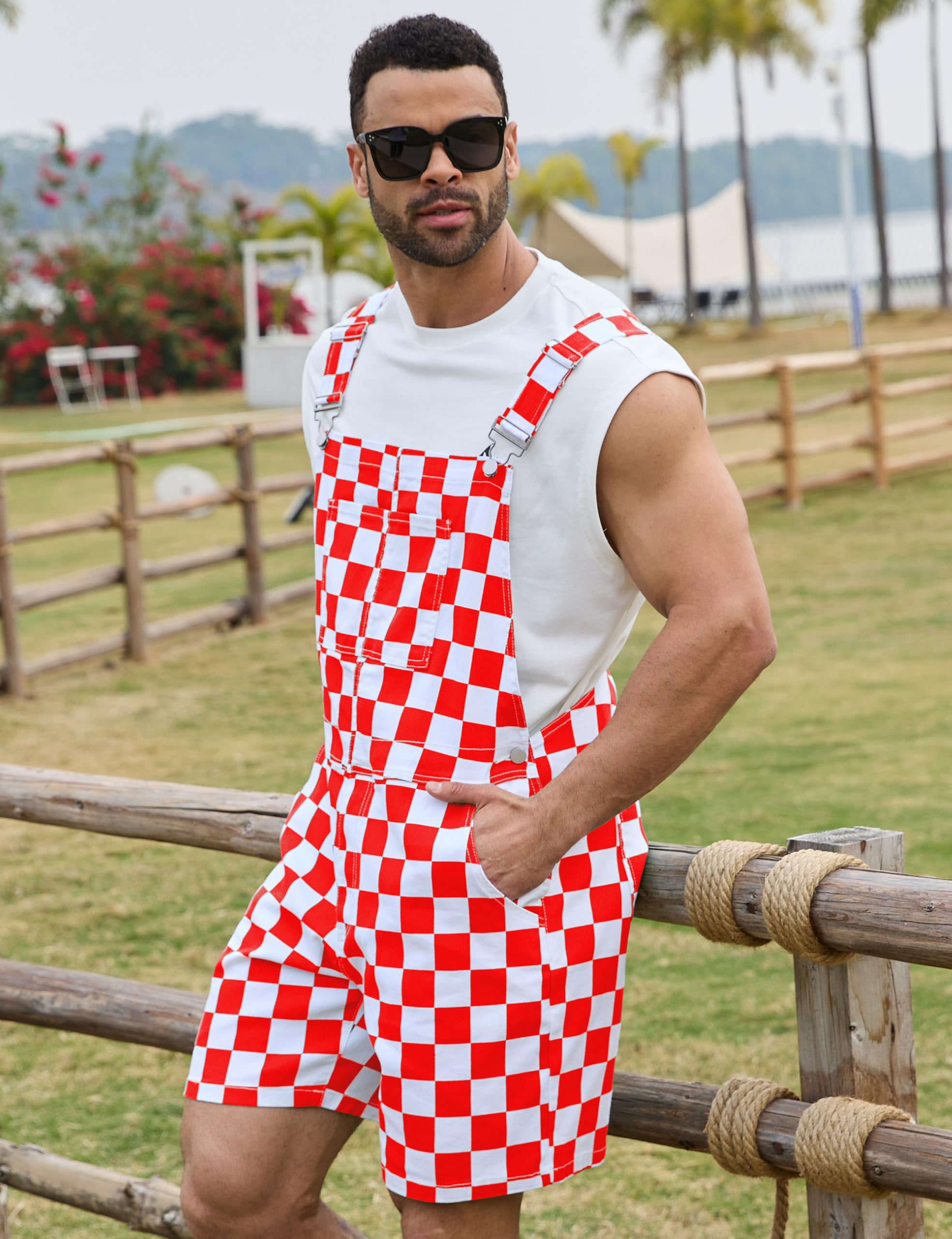 Odefou Checkered Bib Overalls for Men Jumpsuit Shorts Work Coveralls