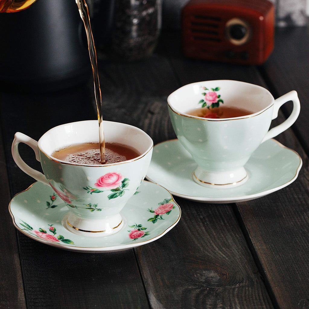 BTaT- Tea Cups and Saucers, Set of 6 with Spoon, 8 oz, Fine Porcelain Teacup Set with Gold Trim for Afternoon Tea, Weddings, Parties & Gifting, Dishwasher Safe, Lightweight, Non-Toxic