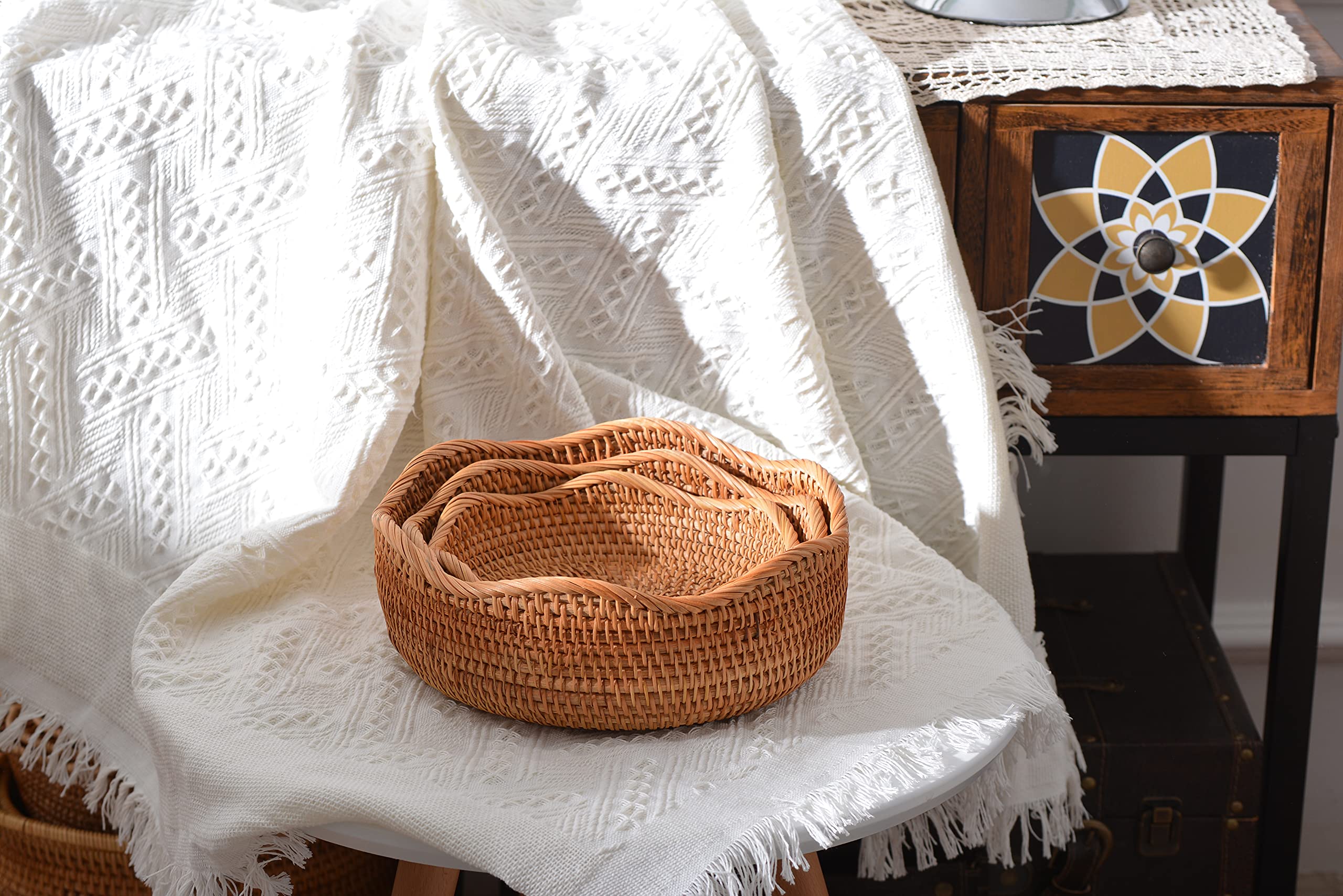 Natural Rattan Fruit Storage Baskets Rectangular Woven Wicker Box for Key Holder Remote Stackable Natural Set of 3