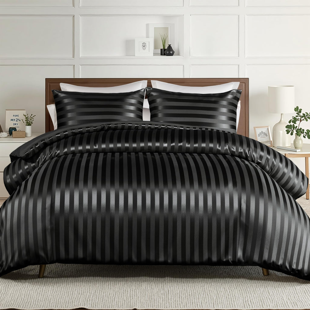 Whale Flotilla 2-Piece Reversible Silky Soft Twin Size Comforter Bedding Set, Luxurious Satin Comforters with Satin Pillowcase, Lightweight Duvet for All Seasons, Black