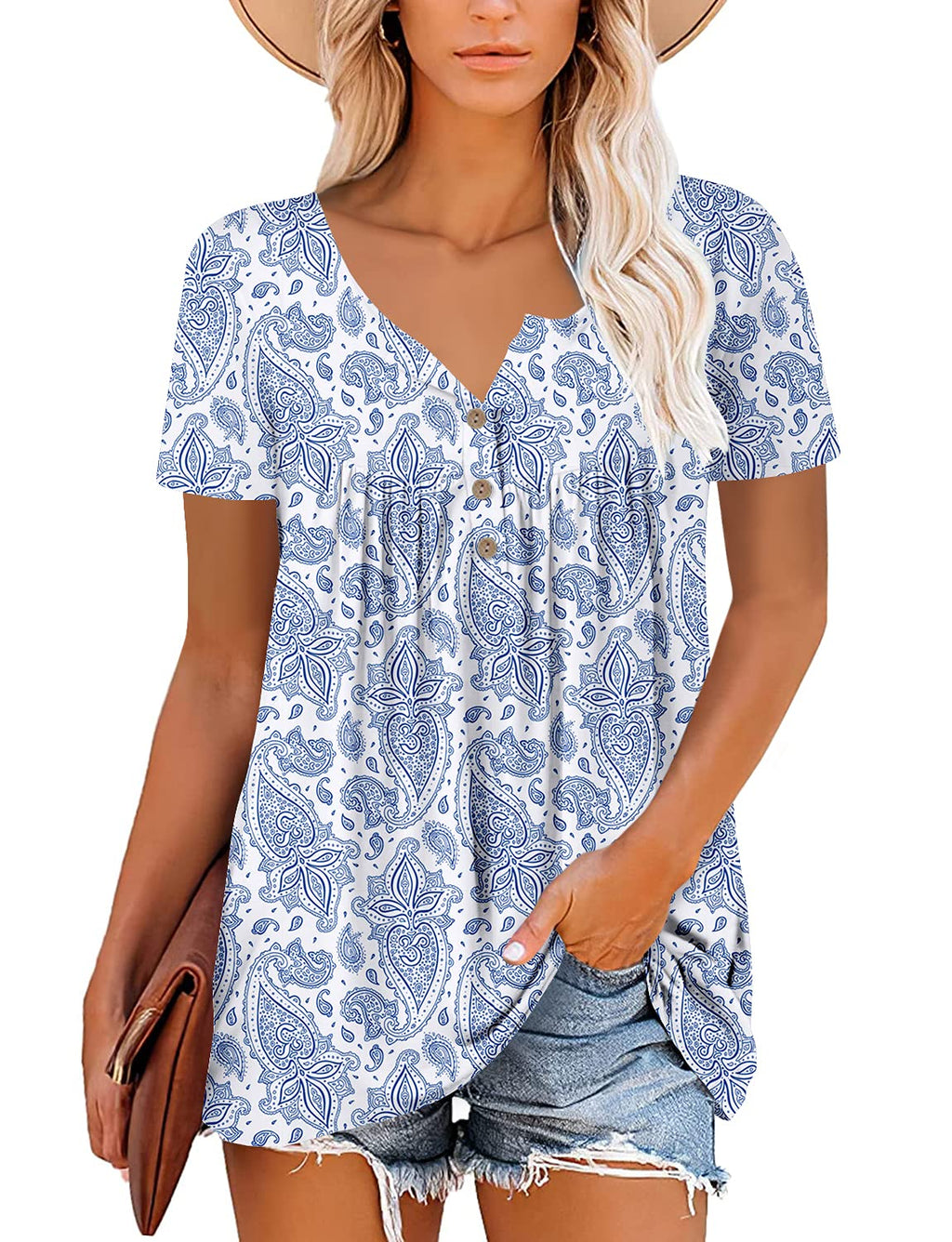 Mystry Zone Womens Henley V Neck Casual Blouse Button Down T Shirts Flare and Flowy Tops