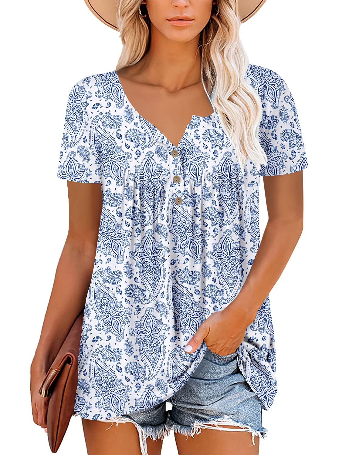 Mystry Zone Womens Henley V Neck Casual Blouse Button Down T Shirts Flare and Flowy Tops