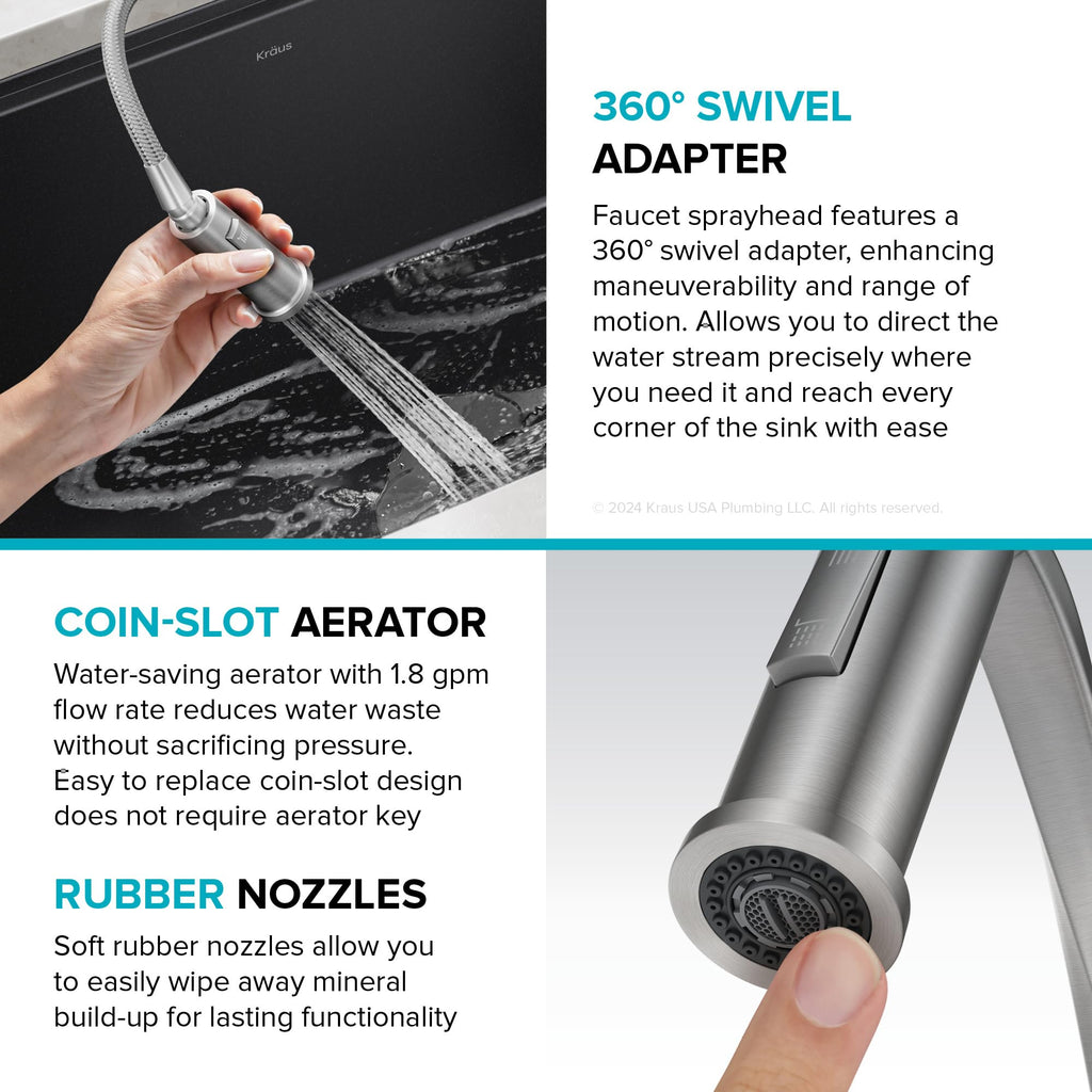 KRAUS Torak Pull Down Kitchen Faucet in Matte Black with Commercial Style Spring Spout, 2 Function Sprayer, Pre-Attached Water Lines, and Mounting Hardware, KPF-2635MB