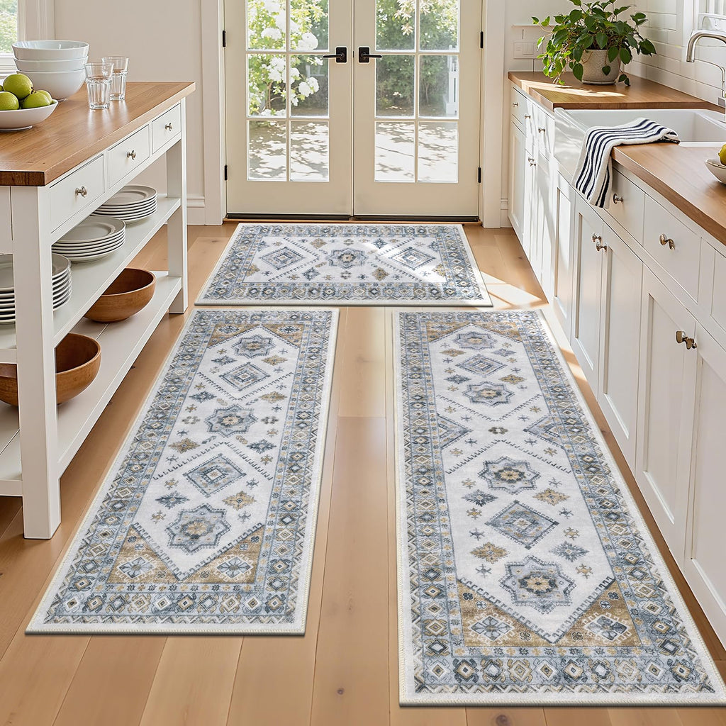 HEBE Boho Kitchen Rug Sets 3 Piece with Runner Non Slip Kitchen Rugs and Mats Washable Kitchen Mats for Floor Thick Kitchen Floor Mat Carpet Runner Rugs for Hallway Laundry Holiday Decor