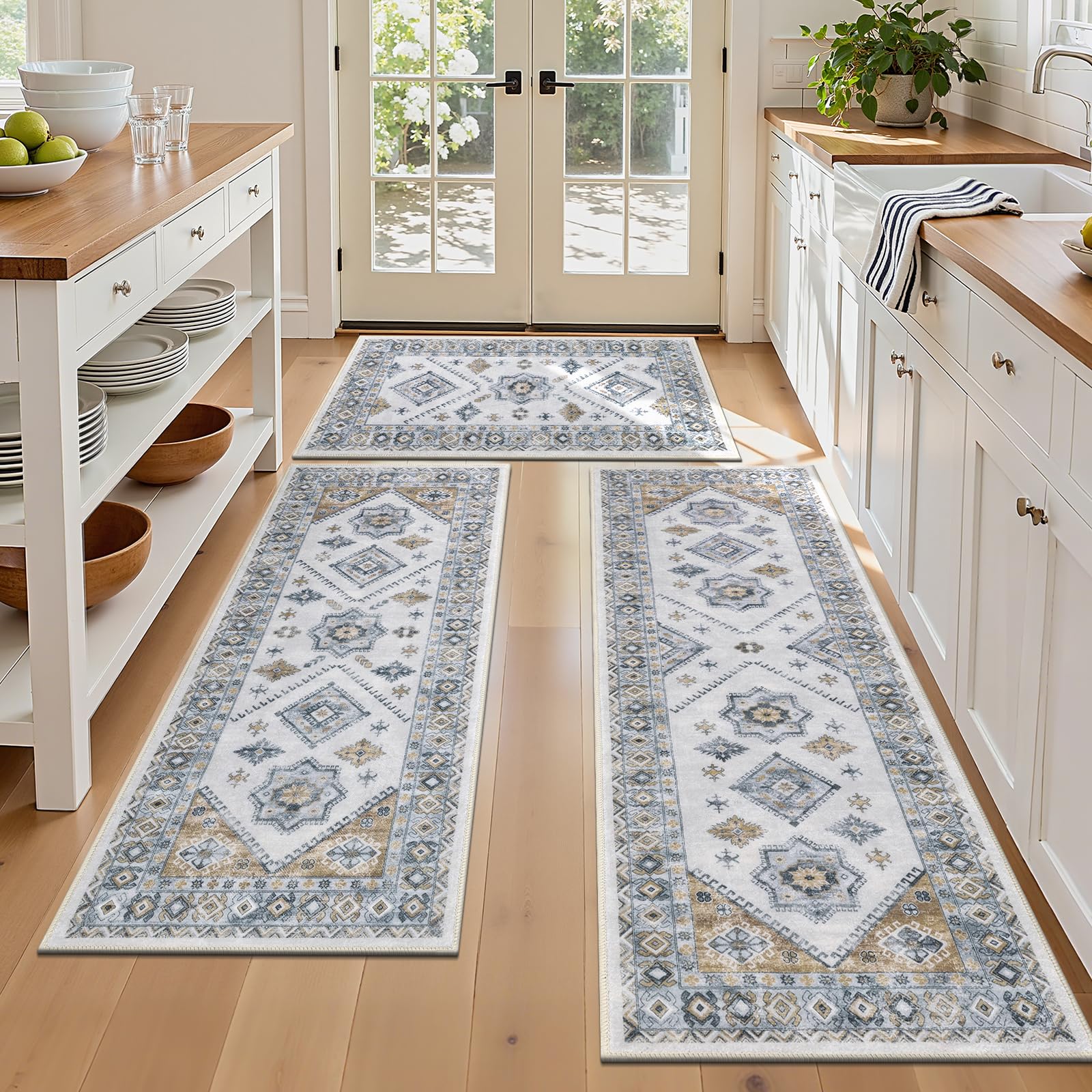HEBE Boho Kitchen Rug Sets 3 Piece with Runner Non Slip Kitchen Rugs and Mats Washable Kitchen Mats for Floor Thick Kitchen Floor Mat Carpet Runner Rugs for Hallway Laundry Holiday Decor