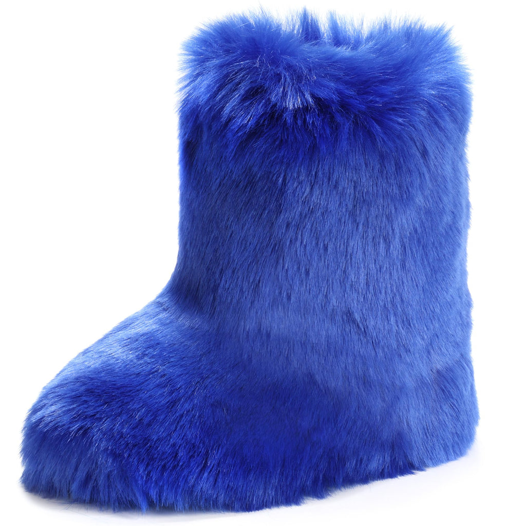 IXU Women's Faux Fur Boot Furry Fluffy Round Toe Suede Snow Winter Women Boots Comfy Plush Warm Short Outdoor Indoor Flat Shoes Mid-Calf Boots