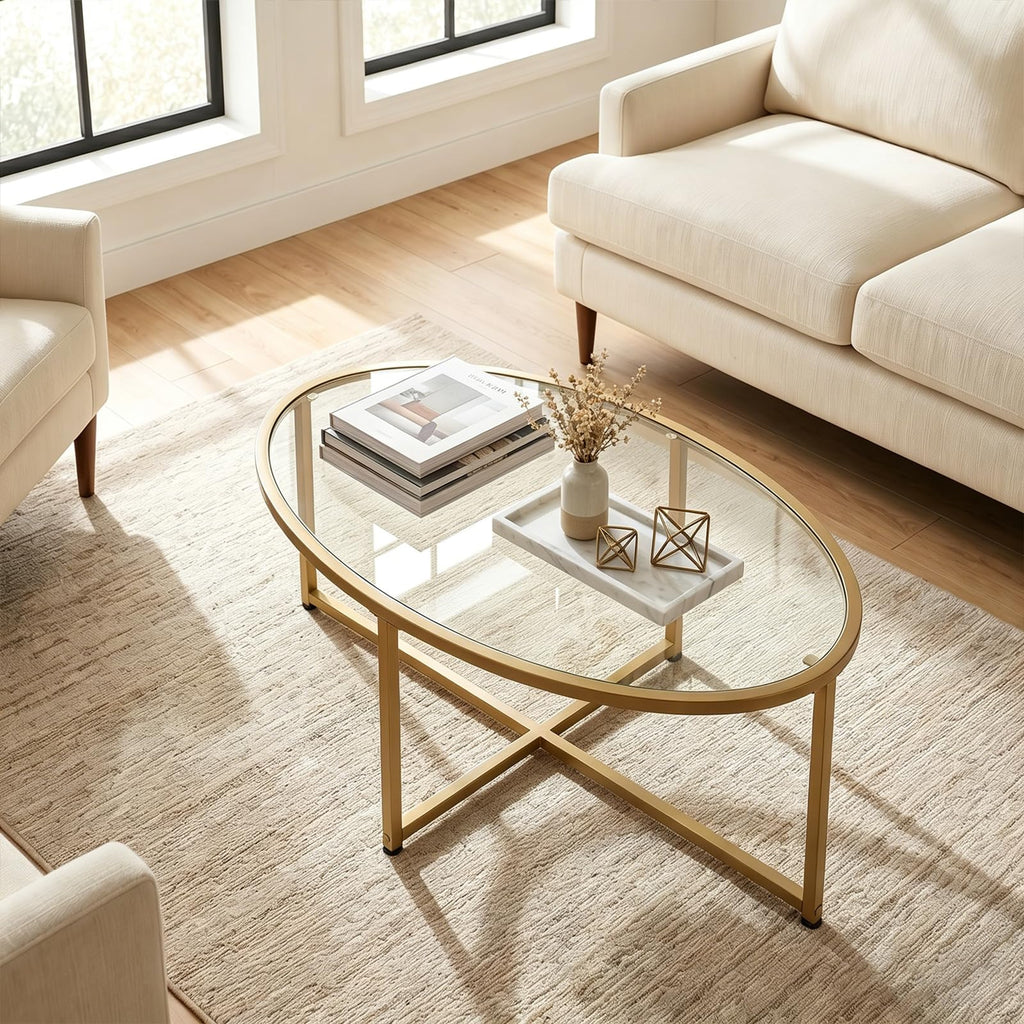 Wolawu Coffee Table Gold Oval Glass Coffee Tables for Living Room,Modern Gold Metal Frame Tea Tables for Small Space, Tempered Glass Top Center Table with Stable Cross Base for Bedroom, Office,Balcony