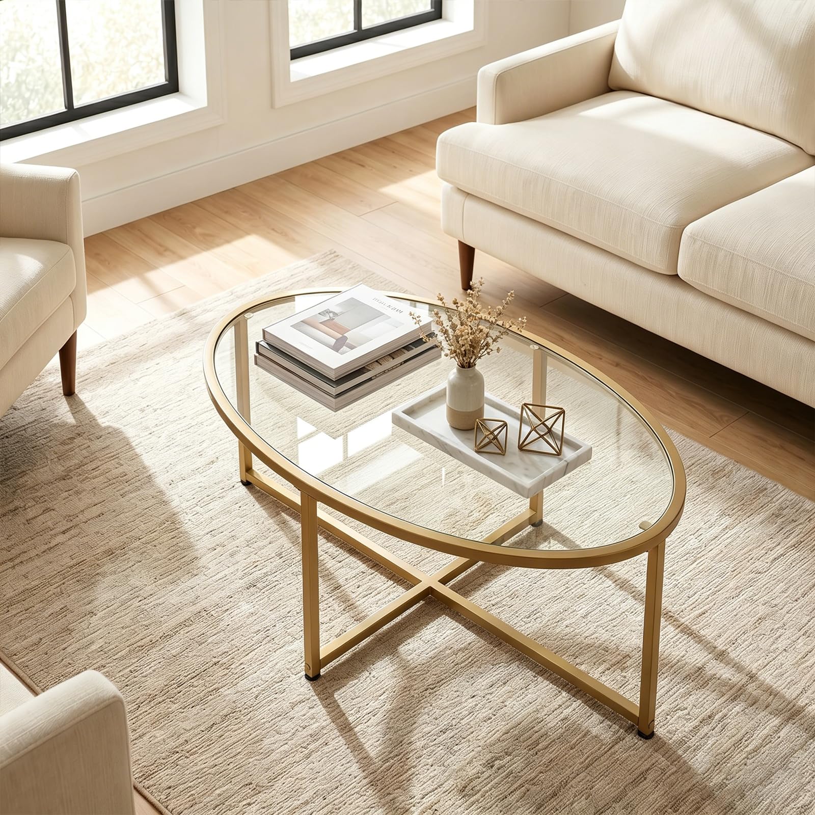 Wolawu Coffee Table Gold Oval Glass Coffee Tables for Living Room,Modern Gold Metal Frame Tea Tables for Small Space, Tempered Glass Top Center Table with Stable Cross Base for Bedroom, Office,Balcony