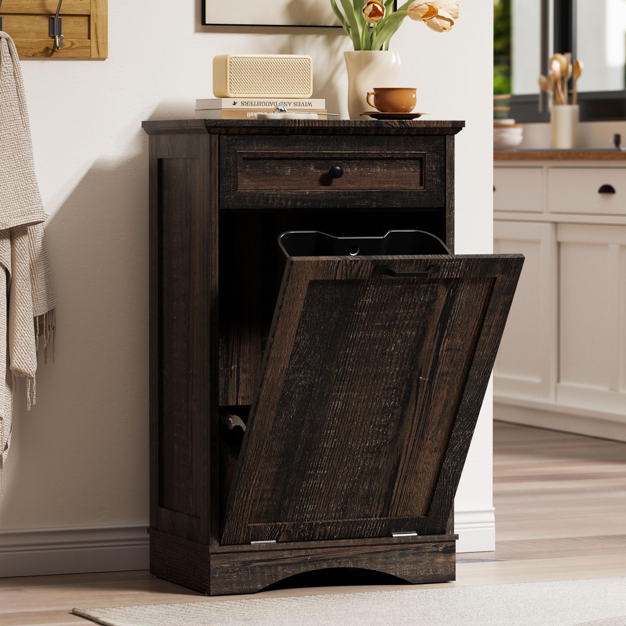 AHB Double Tilt Out Trash Can Cabinet Freestanding Kitchen Trash Can, 2x13 Gallons Hidden Garbage Recycling Cabinet with Hideaway Drawers Pet Proof Trash Can Holder for Kitchen, Antique White