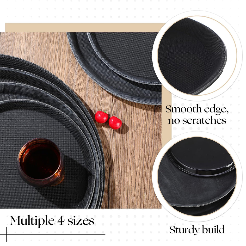 Zopeal 2 Pieces Black Round Restaurant Serving Tray, Plastic Non Slip Surface Food Meals Server Tray with Raised Edges for Home, Kitchen, Restaurant, Cafeteria, Bar (11")