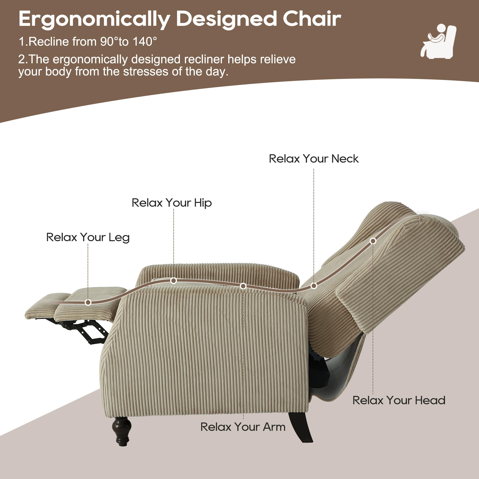Wingback Chair with Massage and Heat, Tufted Fabric Pushback Recliner Chair, Wingback Recliner Chair with Remote Control, Padded Cushion, Wooden Legs, Small Recliners for Small Spaces