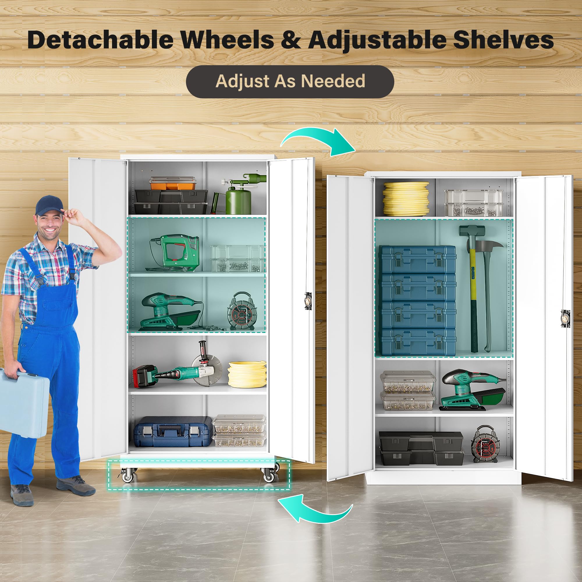 SISESOL Wide & Deep Metal Storage Cabinet with Wheels,Tall Rolling Garage Storage Cabinet with Lock,Black Metal Cabinets with Pegboards and Shelves,Tool Locker for Garage,Home,Office,43''Wx 20''Dx71"H