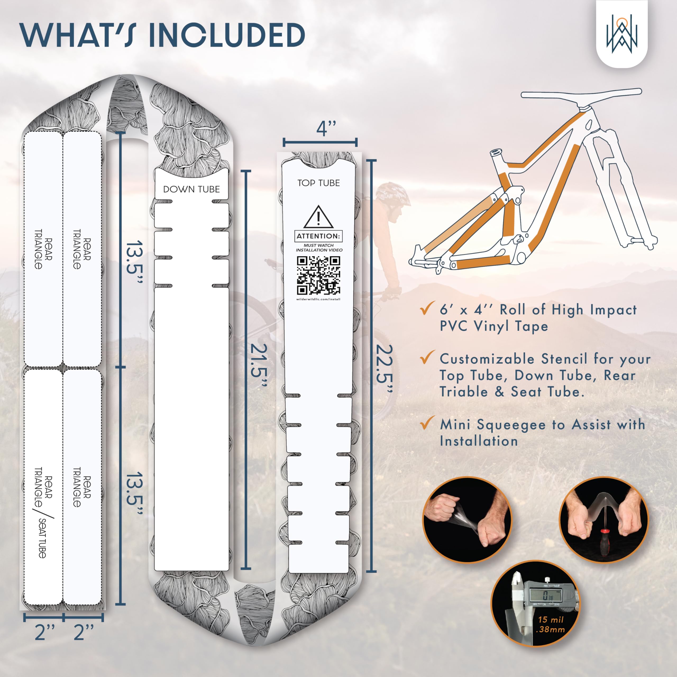 Bike Frame Protection Tape- High Impact Clear Vinyl Wrap Includes Tool (4”x72) Bicycle Frame Protector, Mountain Bike Frame Guard Chainstay Protector (Art Deco)