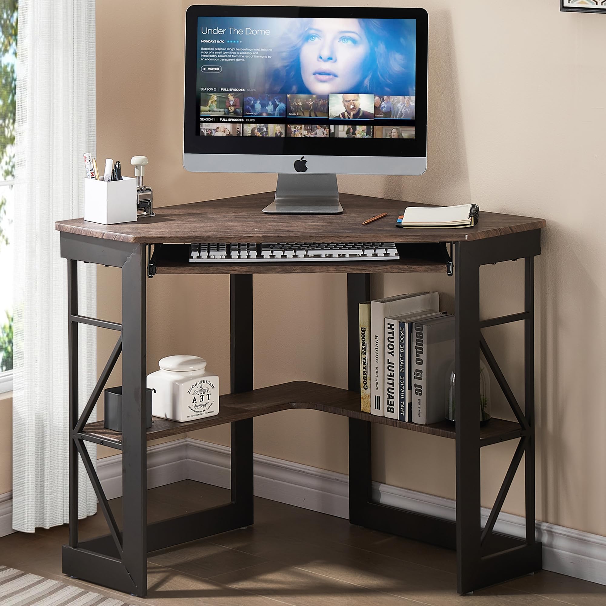 VECELO Corner Desk Computer Desk Writing Table with Smooth Keyboard Tray & Storage Shelves,Compact Home Office Triangle Table,Antique Brown