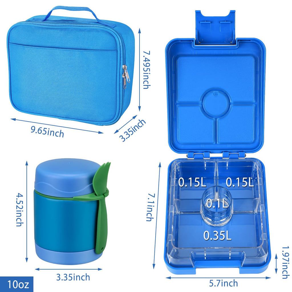 Bento Lunch Box Set for Kids with 10oz Soup Thermo, Leak-Proof Lunch Containers with 4 Compartment, Kids Thermo Hot Food Jar and Insulated Lunch Bag for Kid to School,BPA-Free(Basketball)