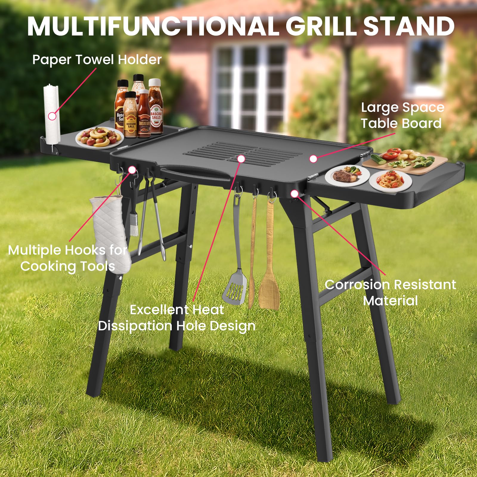 GRISUN Foldable Grill Table Stand for Ninja Woodfire Outdoor Grill（OG700/701/751), Portable Camping Table for Blackstone 22", Portable BBQ Stand with 2 Wheels, Side Table & Storage Basket