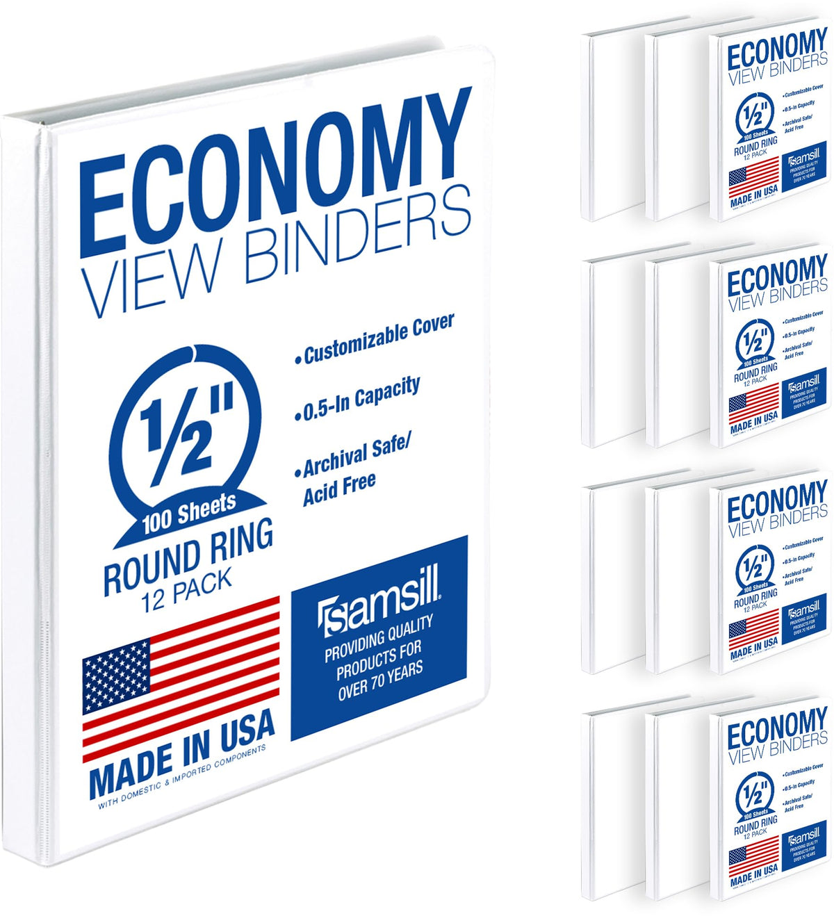 Samsill 1 Inch 3 Ring Binders, Economy Round Ring, Clear View Cover, 200 Sheet Capacity - for School, Home, Office - Blue, 4 Pack