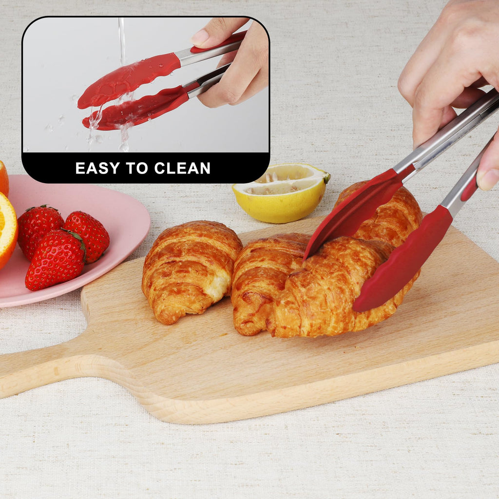 Hotec Mini Silicone Kitchen Tongs for Cooking - 7-Inch Small Serving Tongs with Silicone Tips, Set of 3 (Black)