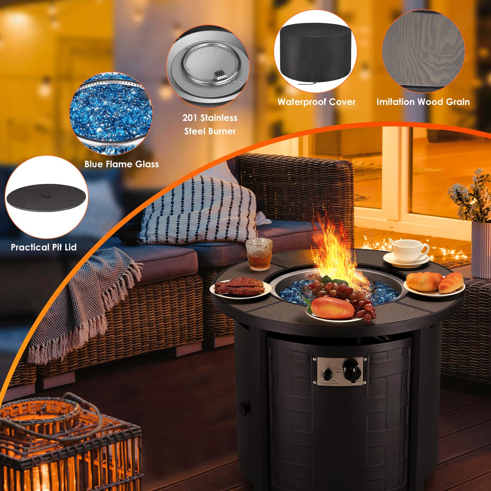 TLGREEN Propane Fire Pit Table 30 Inch Round – 50,000 BTU Outdoor Fire Pit with Lid, Converts to Patio Coffee Table, Certified, Includes Waterproof Cover & Blue Fire Glass(Grey)